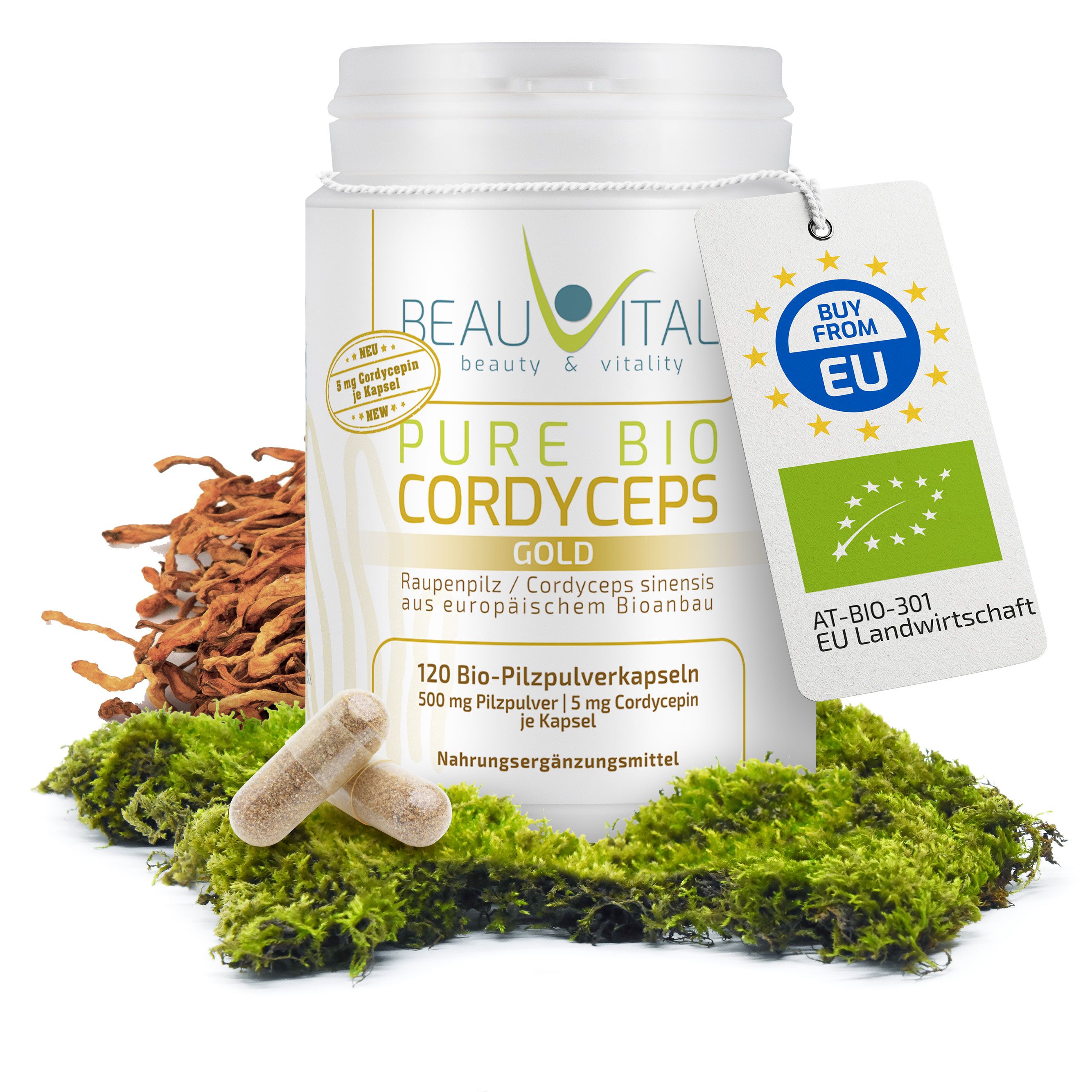 Flacone da 120 capsule Bio Cordyceps, 500 mg di polvere di fungo per capsula. Sigillo Bio UE e cartellino "Buy from EU".