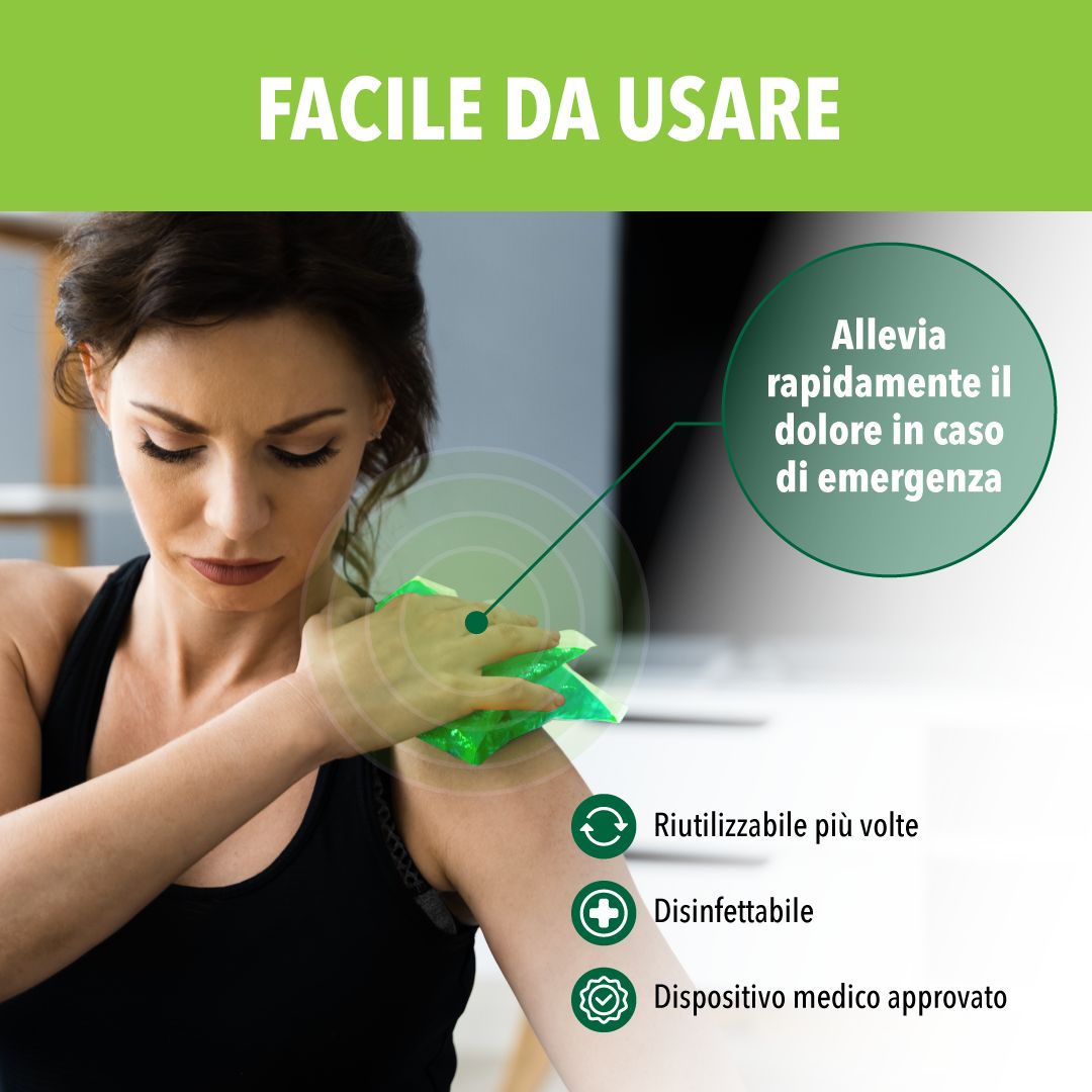 Donna con compressa sulla spalla. Testo: Riutilizzabile, disinfettabile, dispositivo medico.