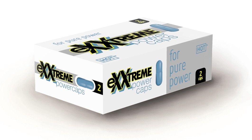 Scatola bianca con capsule blu. Scritta: eXXtreme power caps, HOT. Per pure power. 2 capsule.
