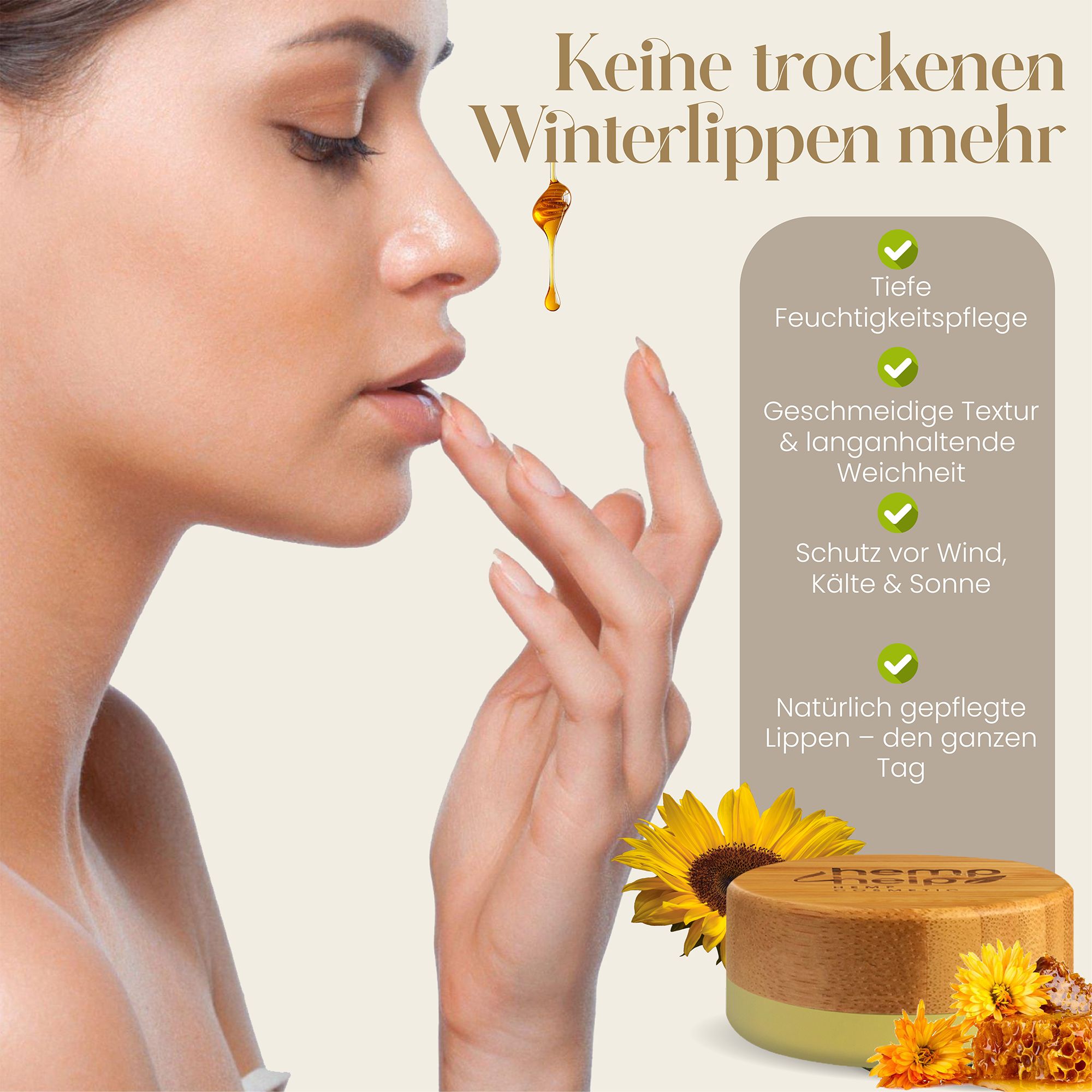 Donna che tocca le labbra con un dito. Vasetto di balsamo per labbra con coperchio in legno. Testo: Idratazione profonda, texture liscia.
