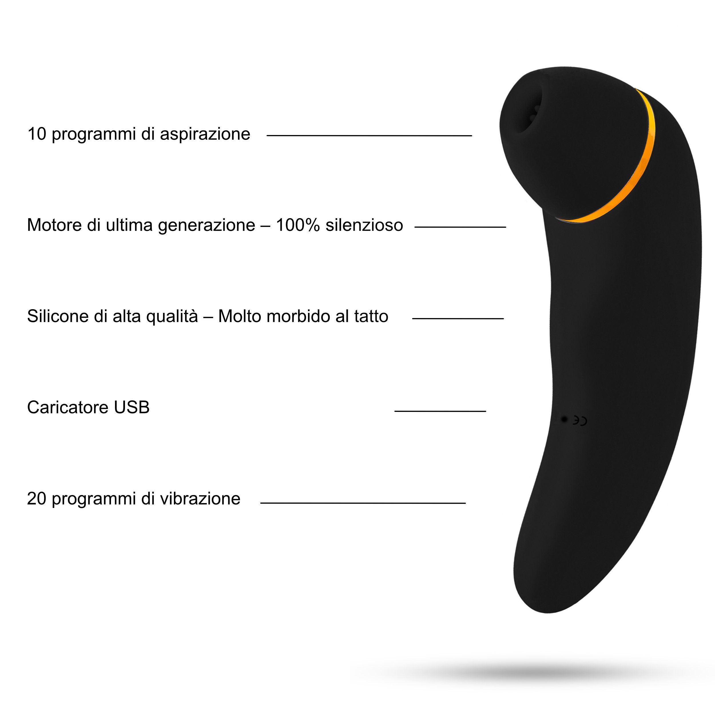 Stimolatore clitorideo nero a forma di dildo. 10 programmi di aspirazione, 20 di vibrazione, caricatore USB.