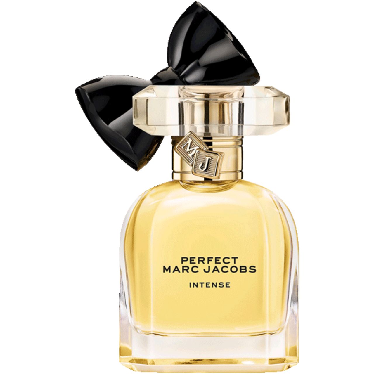 Flacone di profumo con tappo nero. Scritta: Perfect Marc Jacobs Intense. Liquido dorato in flacone di vetro.