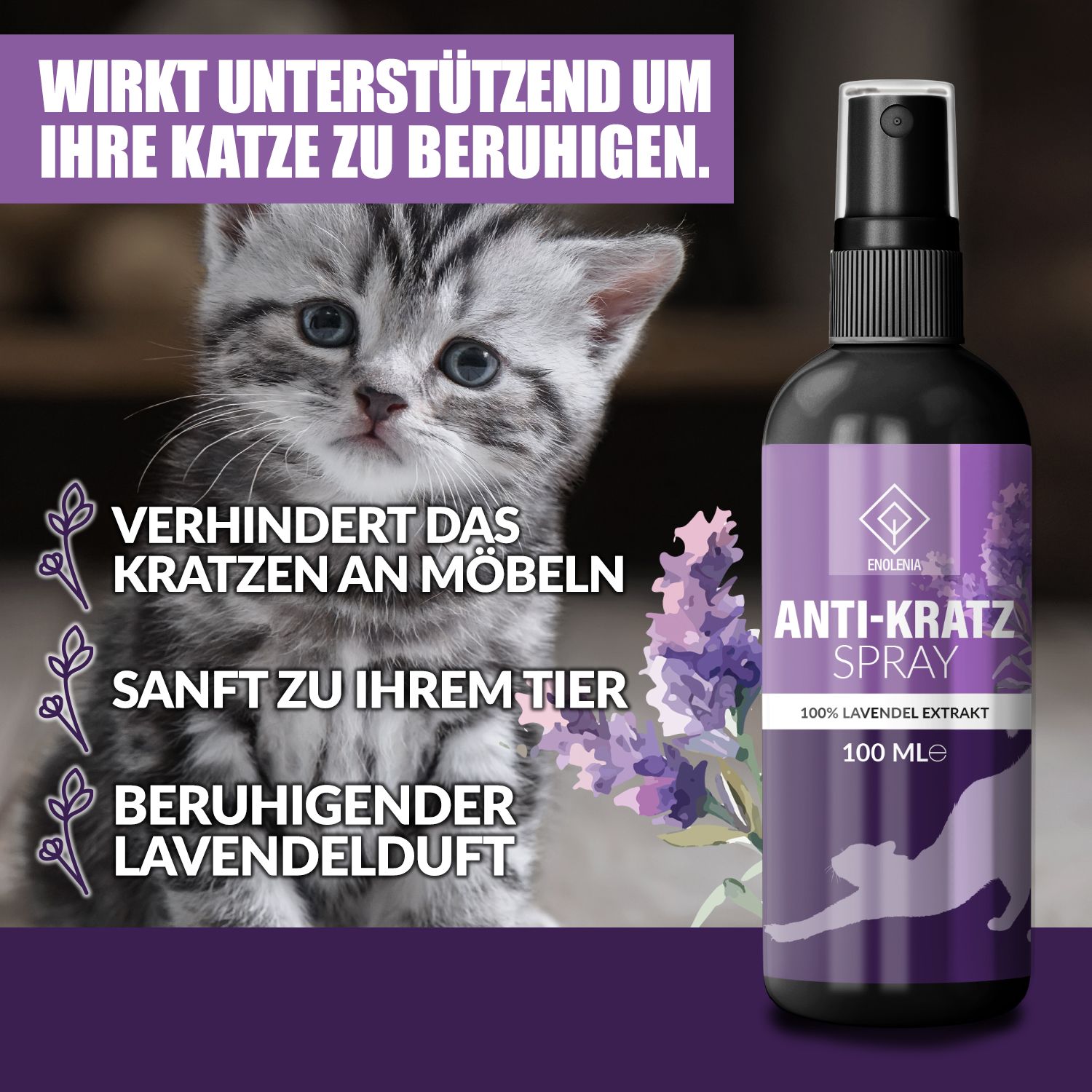 Immagine del prodotto con gattino. Flacone con etichetta viola. Testo: ANTI-KRATZ SPRAY, 100% estratto di lavanda. Profumo di lavanda rilassante.
