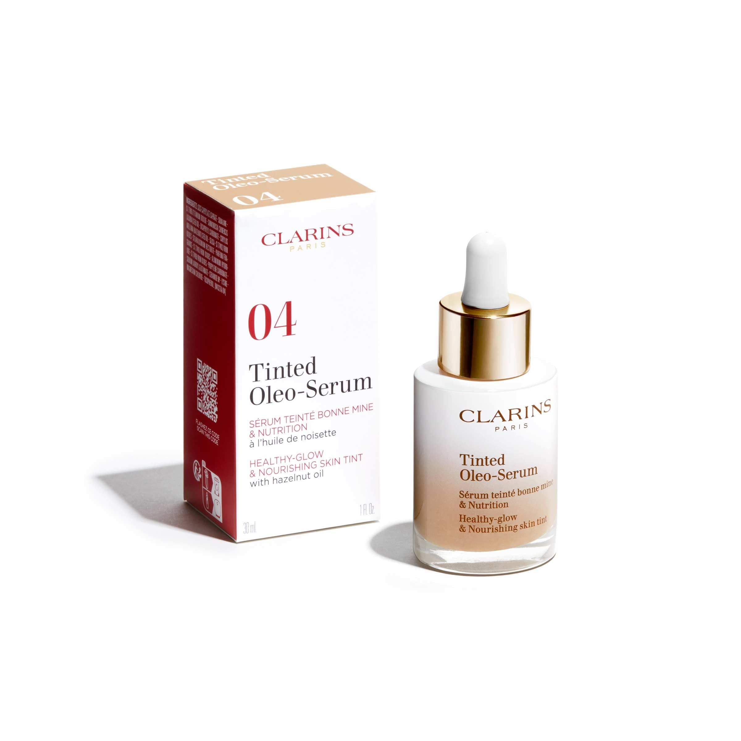 Clarins Siero Oleo-Tintato e confezione. Flacone e scatola. Scatola con nome prodotto e numero tonalità. Flacone con contagocce.