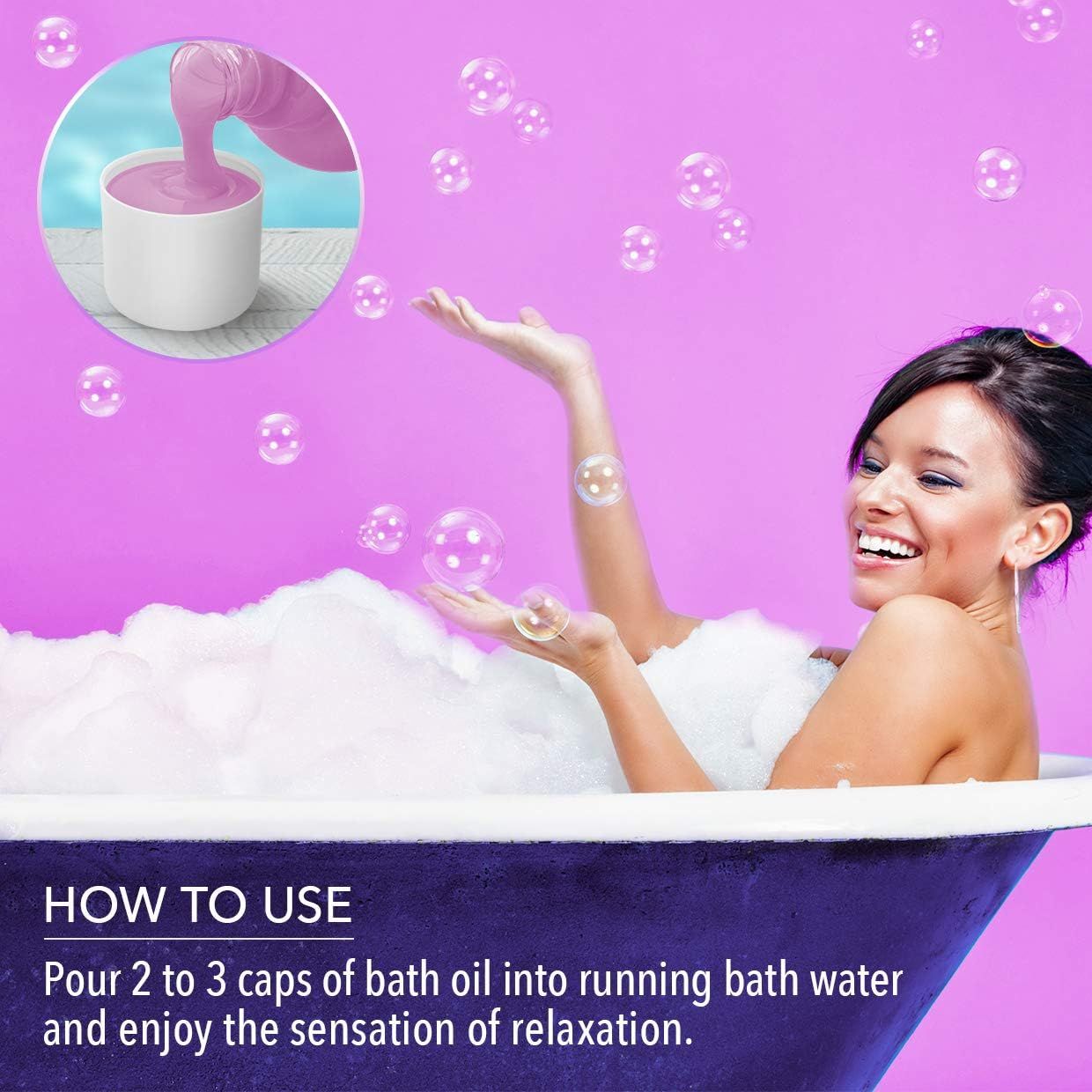 Donna in vasca da bagno con schiuma. Scritta: HOW TO USE. Accanto, un flacone viola con tappo bianco. Scritta: AROMATIKA, LAVENDER BATH FOAM, 1000 ml e.