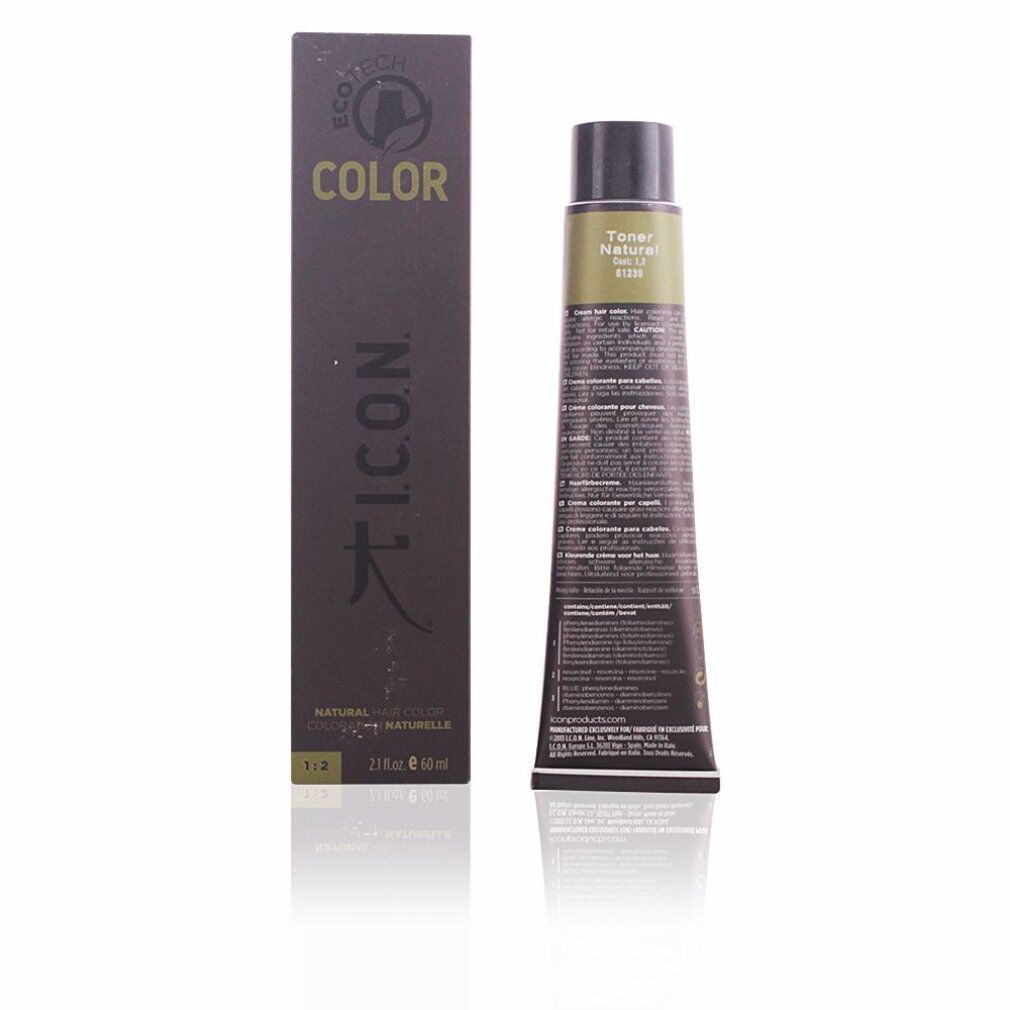 Tubo e scatola di tinta per capelli. Sulla scatola si legge "COLOR" e "ICON". Sul tubo è scritto "Toner Natural".