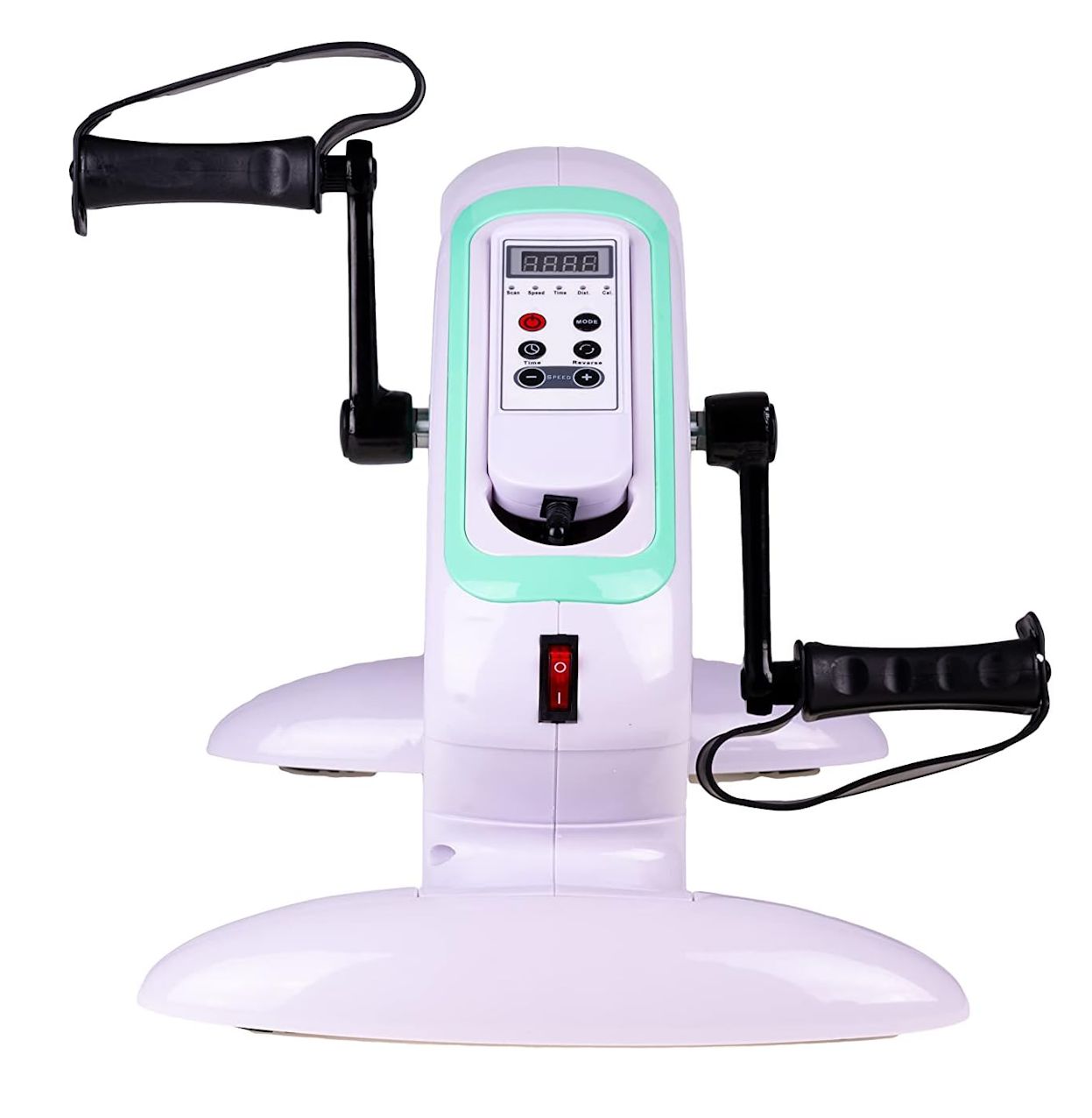 Pedaliera passiva elettrica. Corpo bianco con dettagli verdi. Display digitale, pedali con supporti. Interruttore rosso.