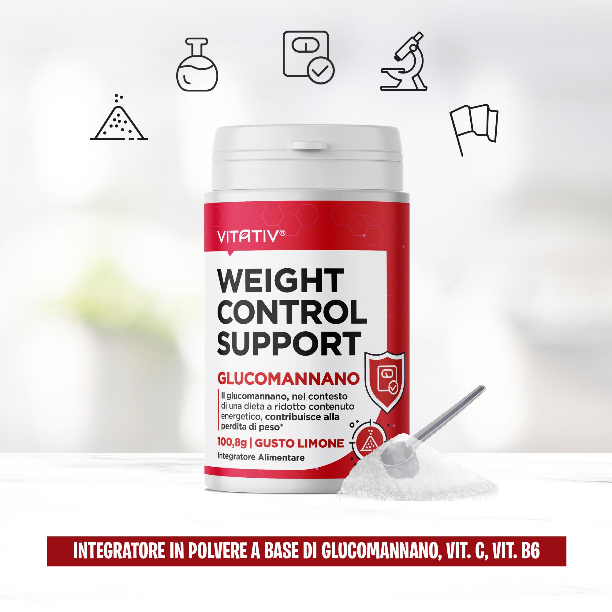 VITATIV® GLUCOMANNANO + Vitamina C e B6, Integratore in Polvere Gusto Limone per Controllo del Peso