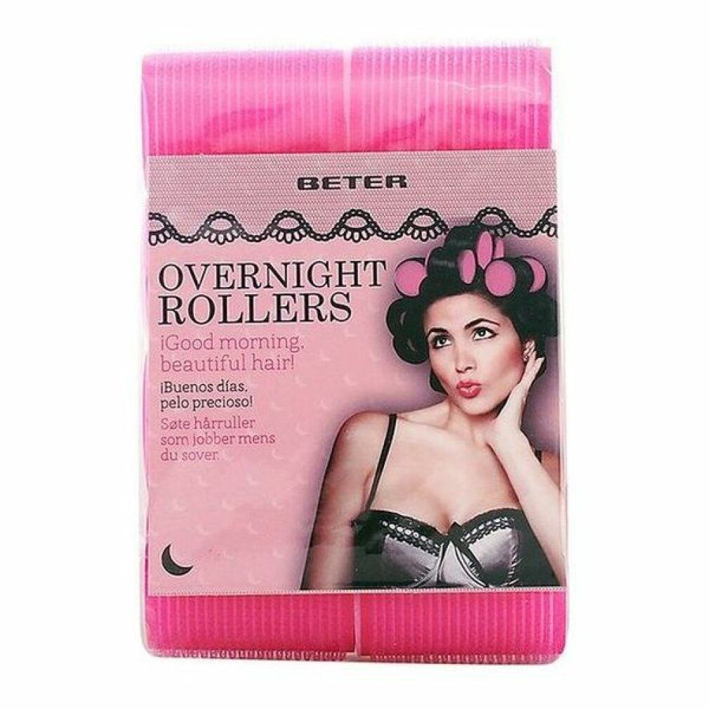 Confezione rosa di Beter Overnight Rollers. Immagine di donna con bigodini. Testo: Overnight Rollers, Beter.