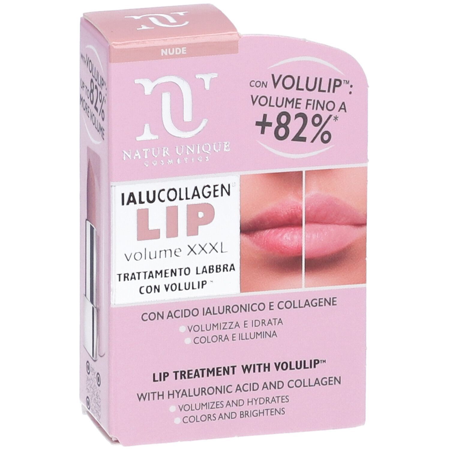 Confezione rosa con immagine del prodotto. Scritta: IALUCOLLAGEN LIP volume XXXL. Contiene testo e un'immagine prima-dopo delle labbra.