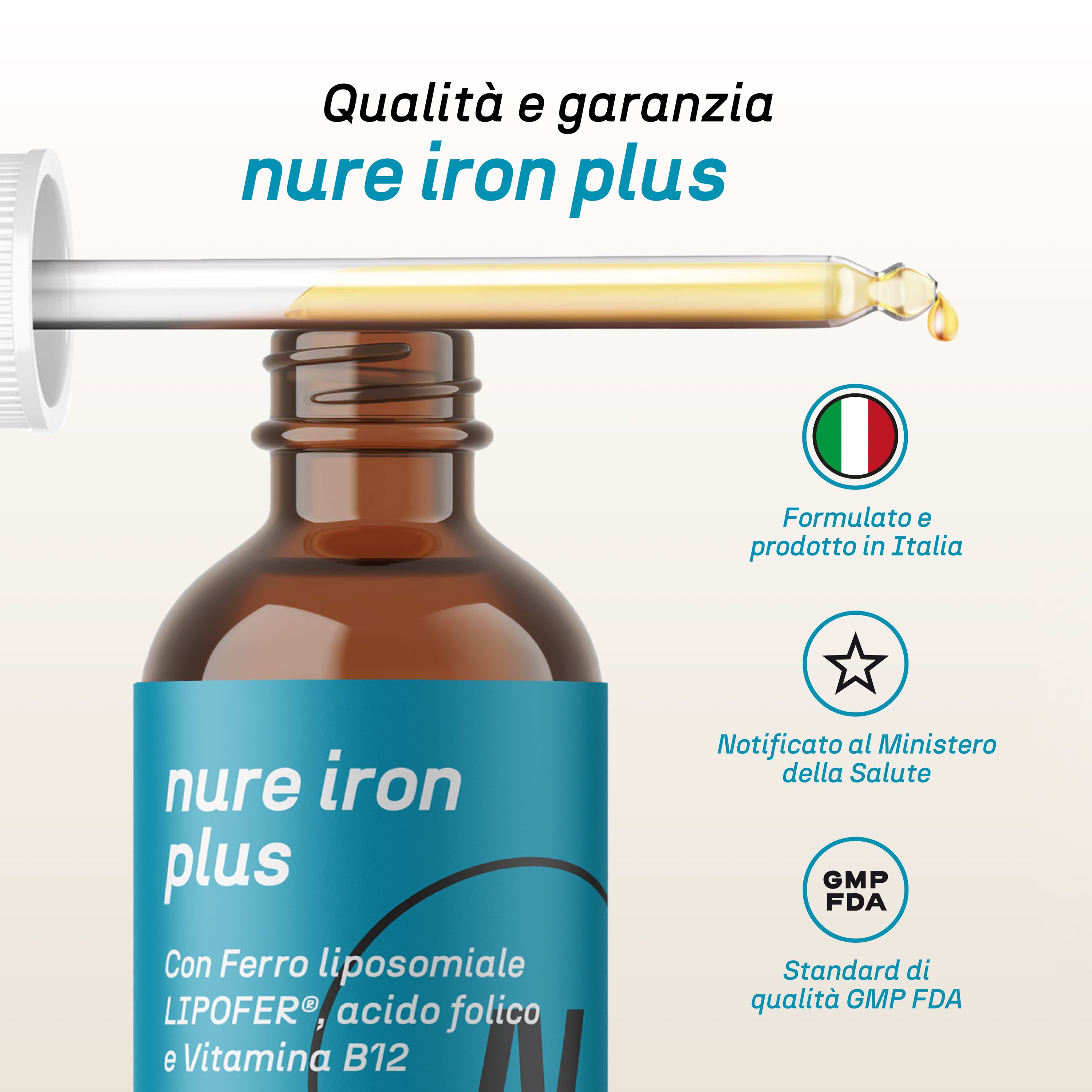 NURE Iron Plus Gocce Orali 30 ml | Integratore ferro, gocce per anemia e stanchezza