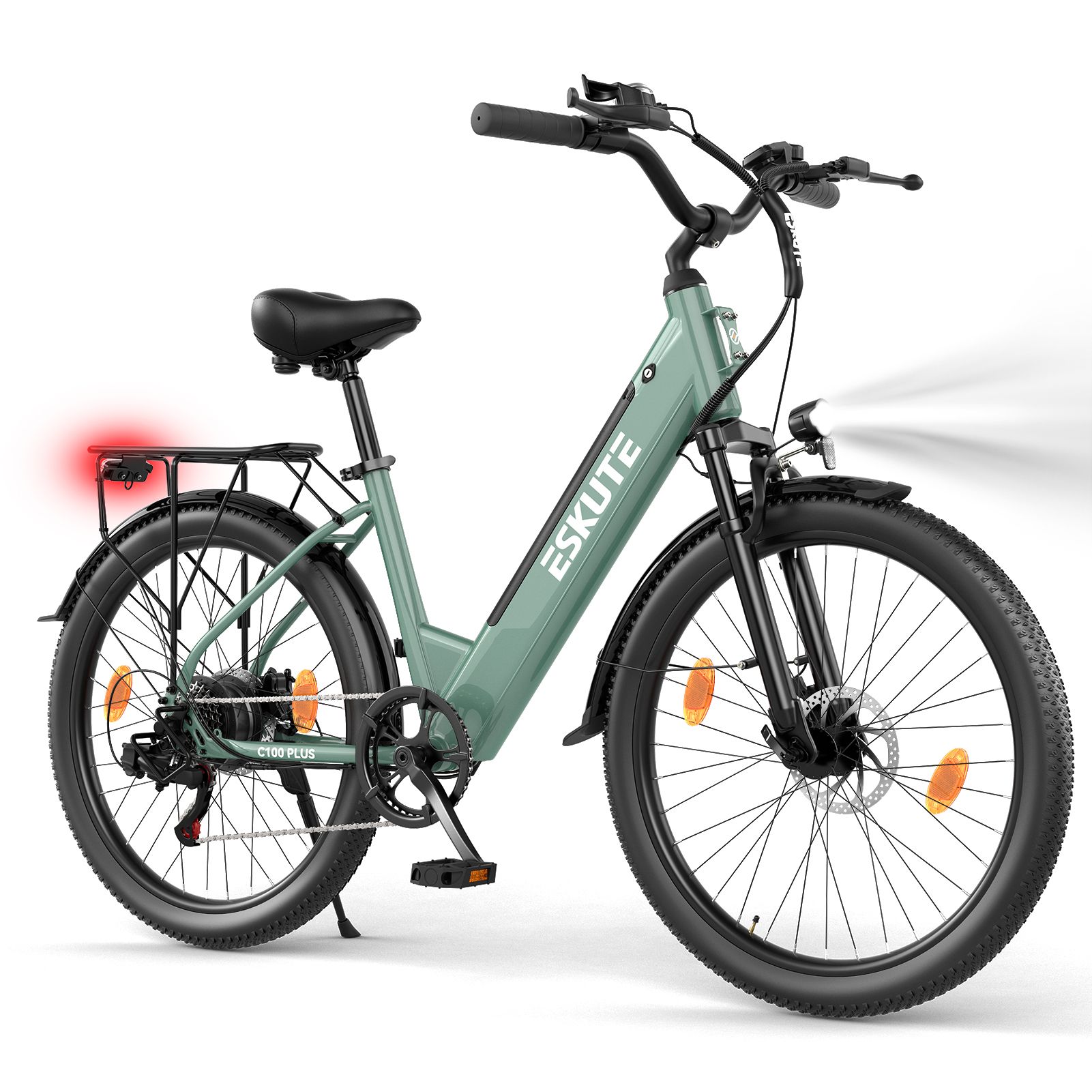 E-bike da città verde con portapacchi, faro e fanale posteriore. Marchio ESKUTE.
