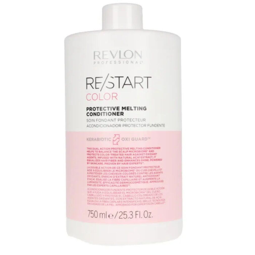 Flacone bianco con etichetta rosa. Scritta: RE/START COLOR Protective Melting Conditioner. 750 ml.