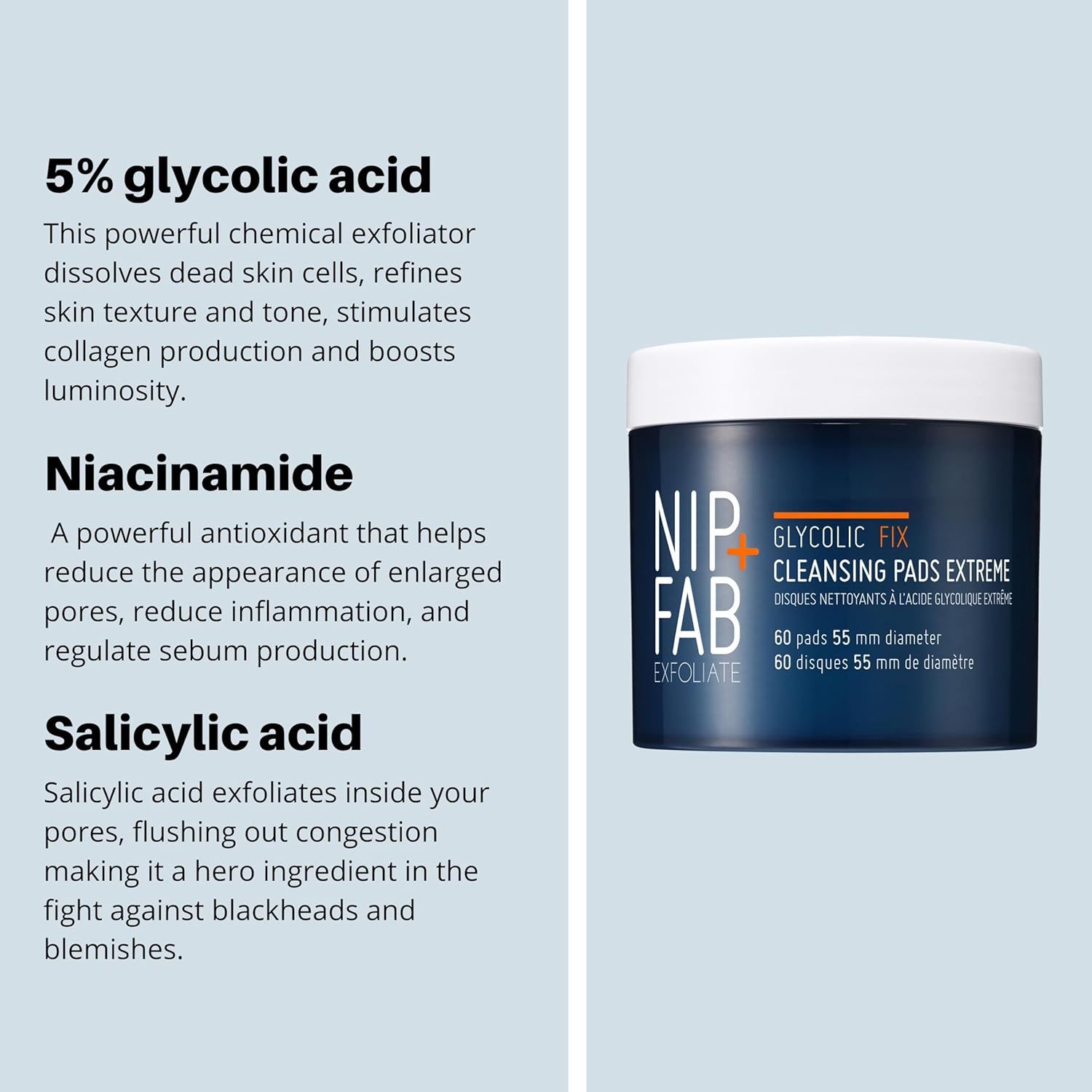Testo con ingredienti e informazioni sul prodotto. A destra: Nip+Fab Glycolic Fix Cleansing Pads Extreme.