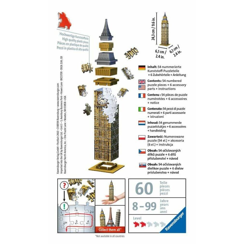 Retro della confezione. Pezzi del puzzle 3D, torre Big Ben, alta 24,3 cm. Contiene 54 pezzi numerati e accessori.