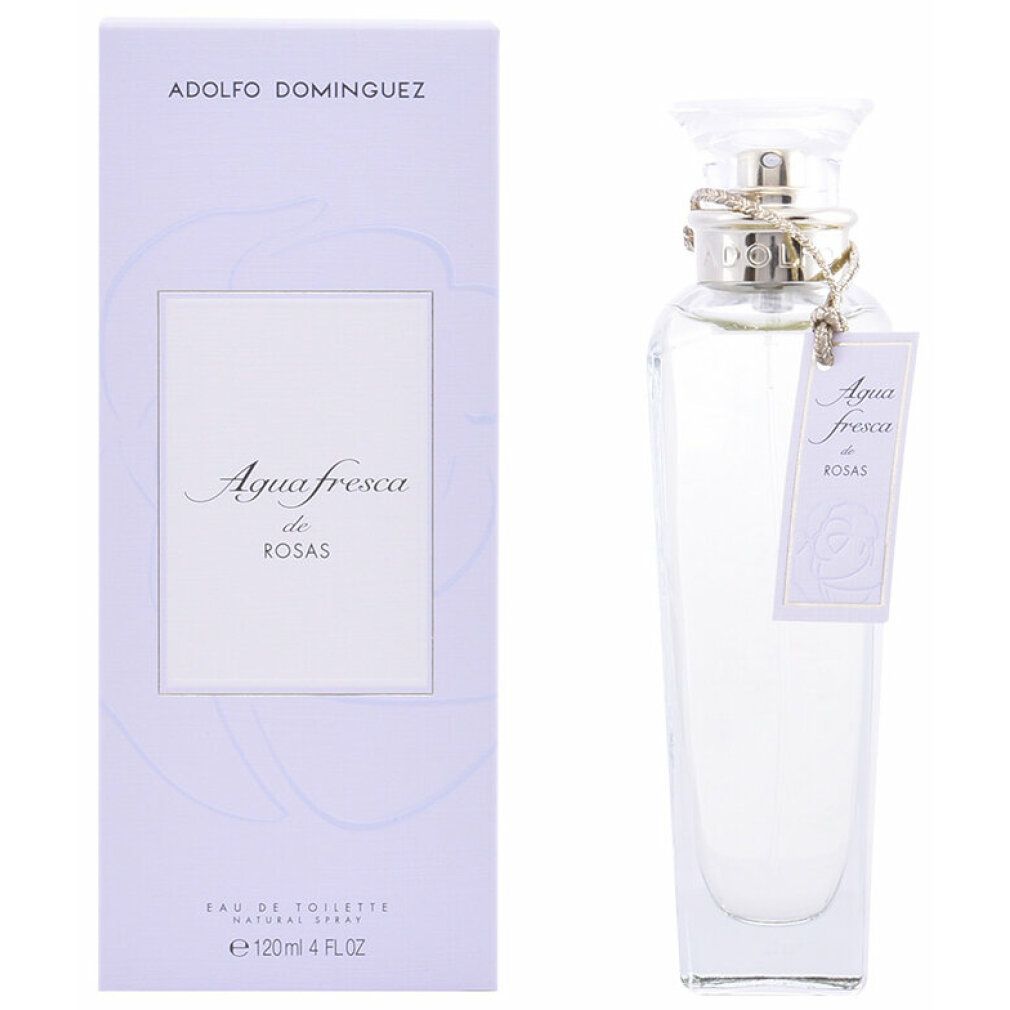 Adolfo Dominguez Agua Fresca De Rosas Eau De Toilette Spray e confezione. Flacone con etichetta e tappo, accanto alla scatola.