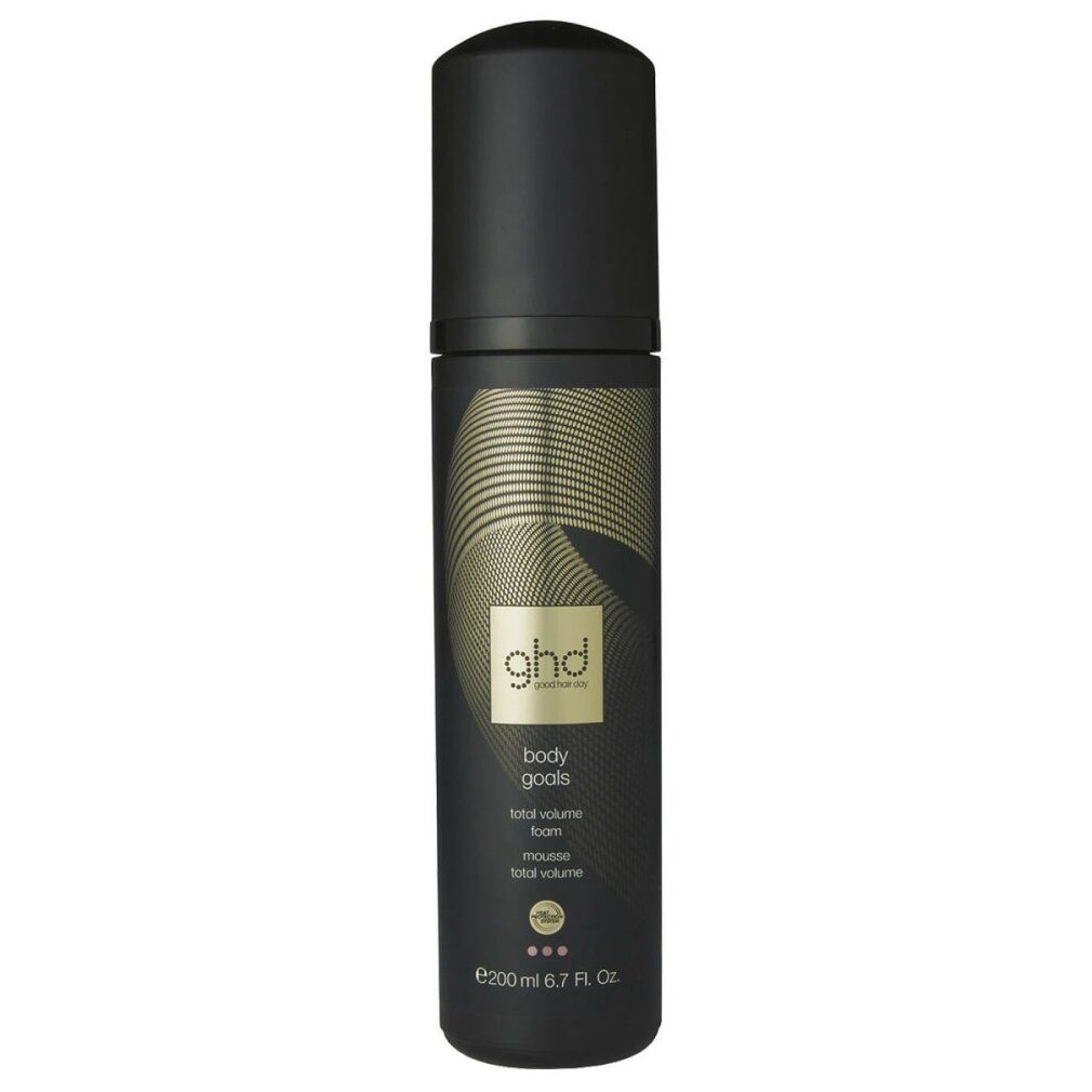 Flacone nero con erogatore nero. Scritta dorata: ghd, body goals, total volume foam. Mousse volumizzante. 200 ml.