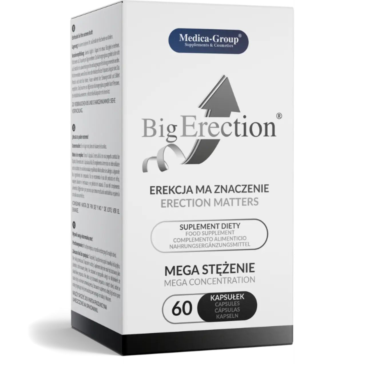 Scatola bianca. Scritta "Big Erection", "Mega Concentrazione". 60 capsule. Logo Medica-Group. Grafica freccia.