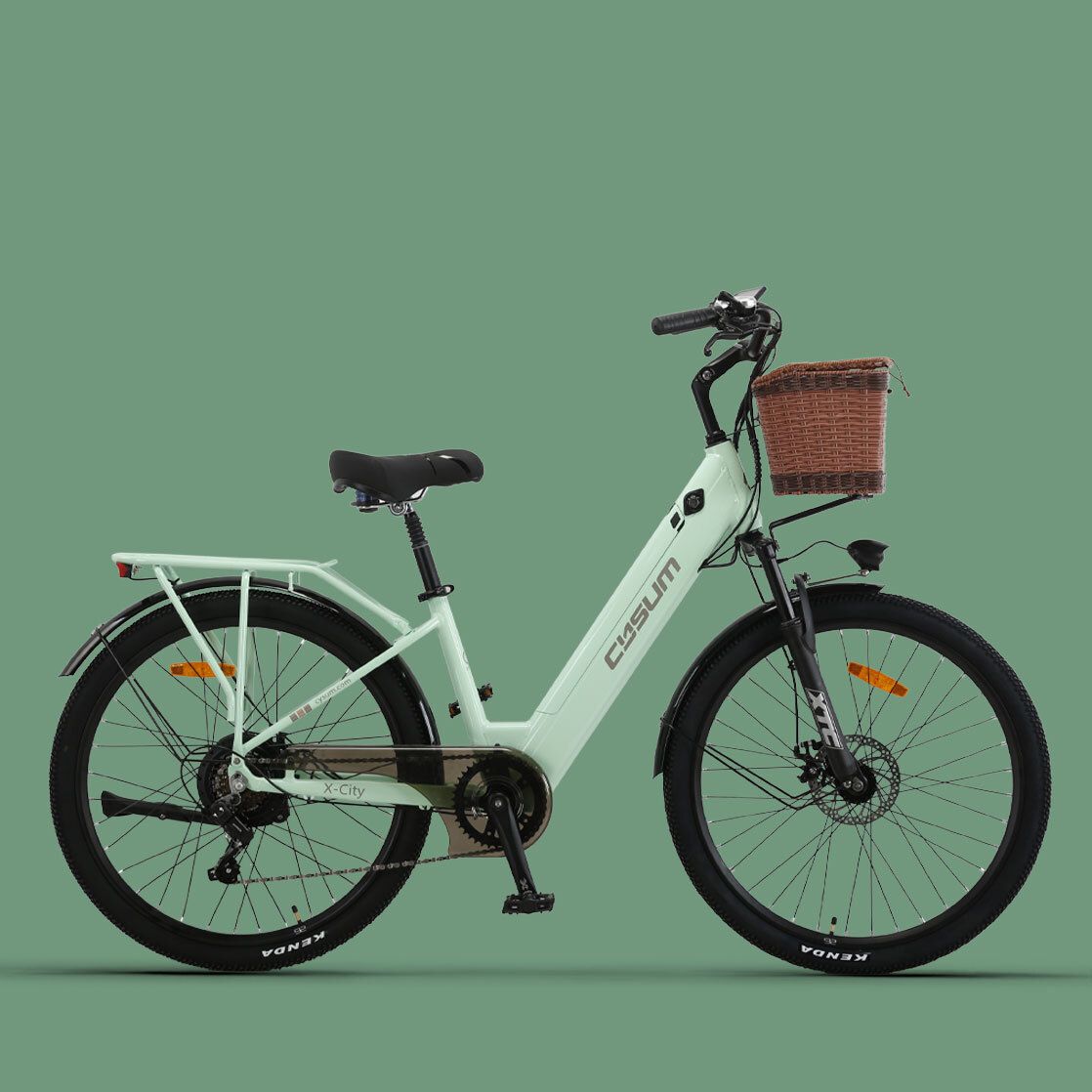 Bicicletta elettrica verde chiaro con cestino, sella nera e pneumatici. Sfondo verde.