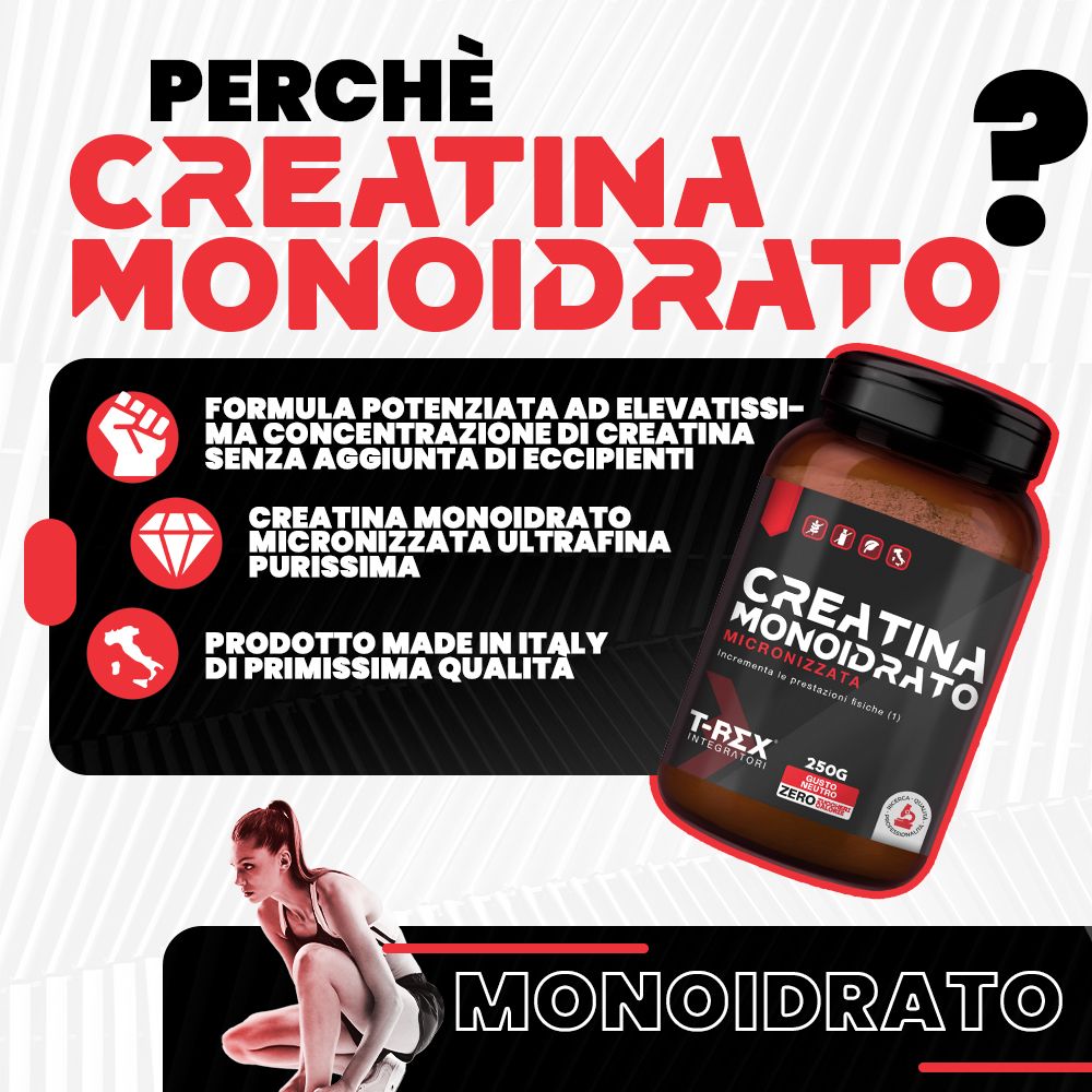 Barattolo di Creatina Monoidrato T-Rex Integratori, 350g, con informazioni sui benefici.