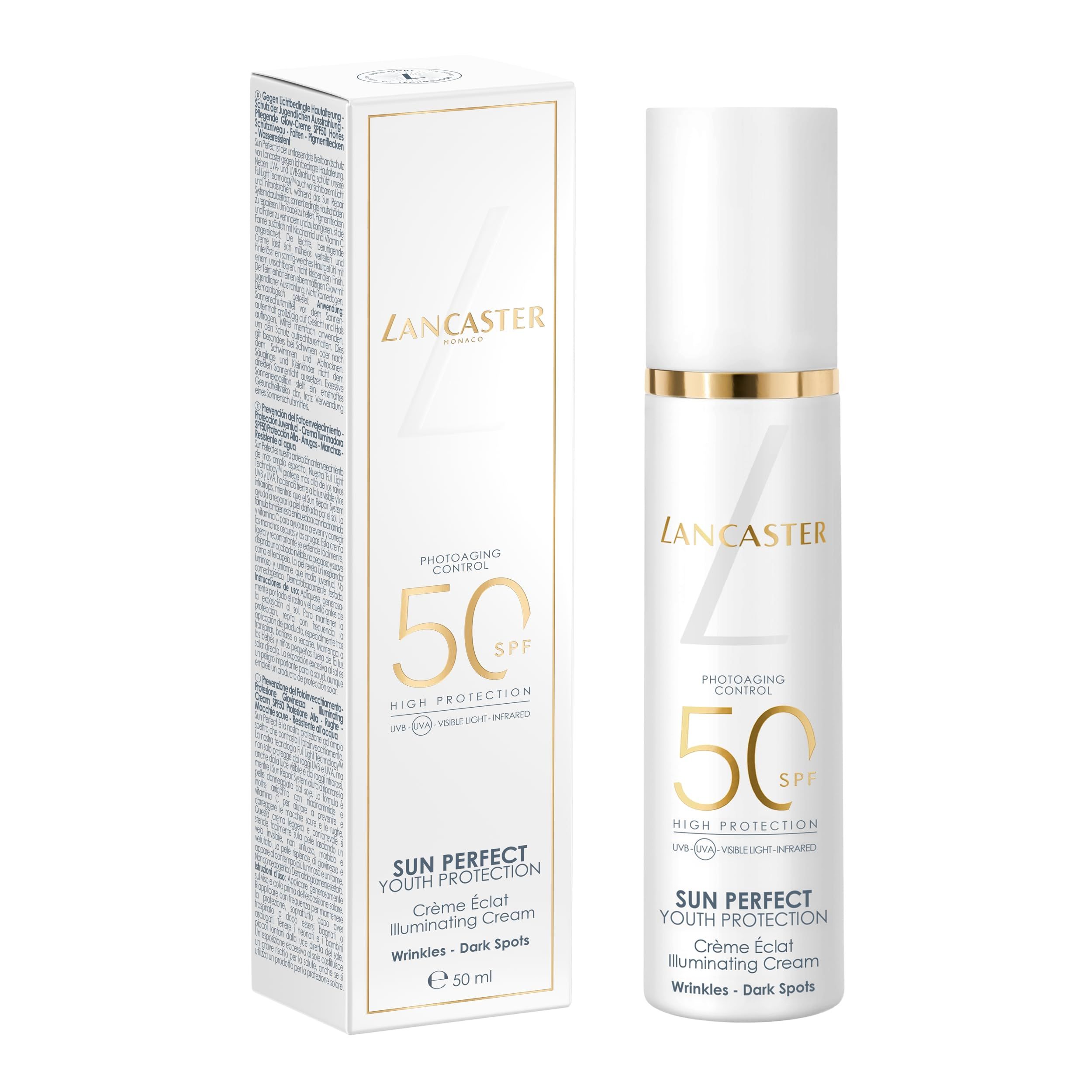 Confezione e tubo bianchi. Scritta: Lancaster Sun Perfect, Photoaging Control, SPF 50. Crema Eclat, contro rughe e macchie scure.