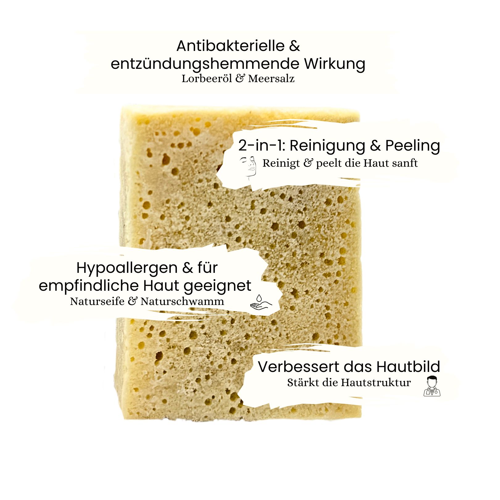 Spugna rettangolare con testi: Effetto antibatterico, 2-in-1 pulizia & peeling, Ipoallergenico, migliora la pelle. Sapone naturale & spugna naturale.