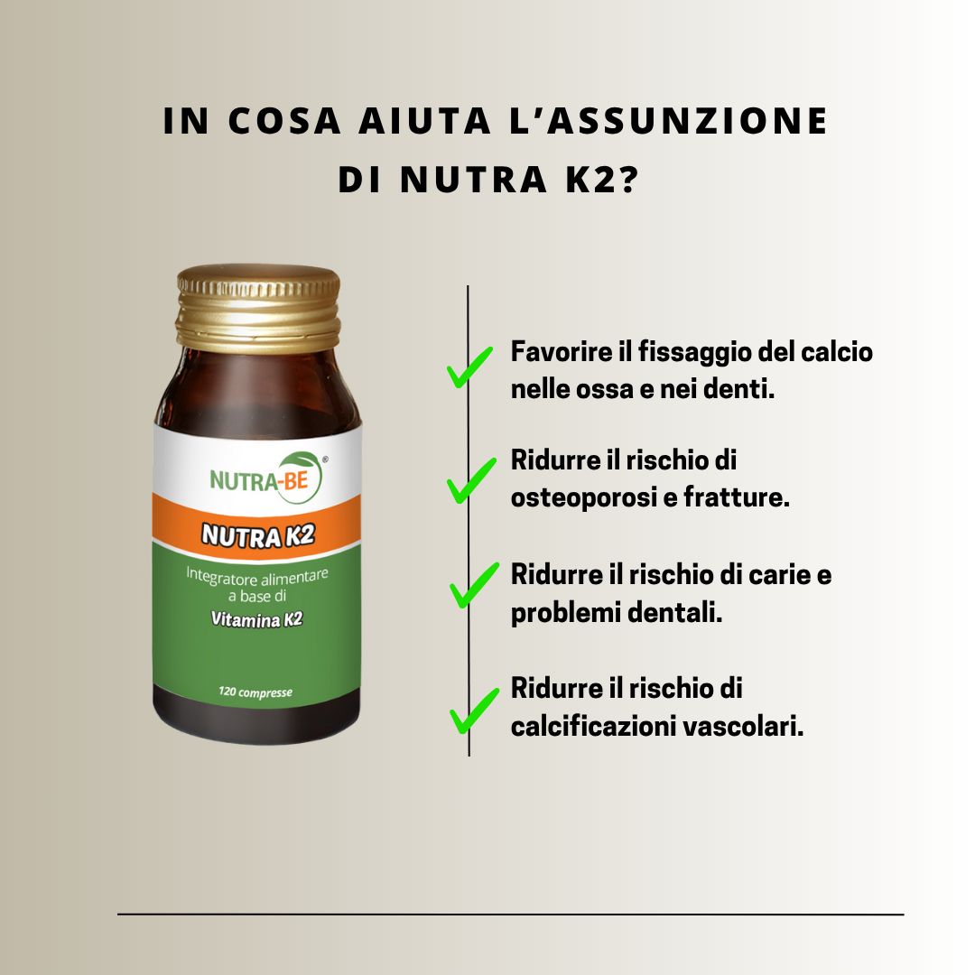 Grafico con flacone e testo. Flacone con etichetta. Testo: Aiuta la fissazione del calcio, riduce l'osteoporosi, la carie e la calcificazione vascolare.