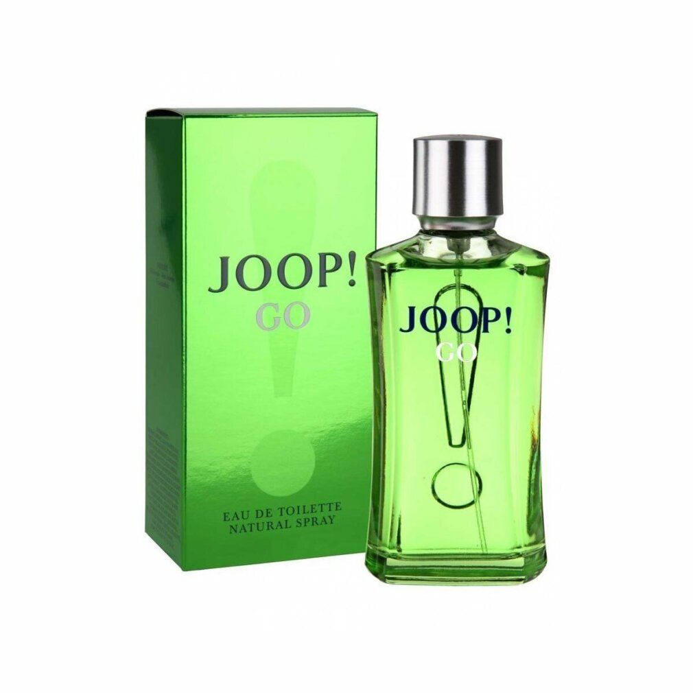 Flacone di profumo verde con tappo argentato e confezione verde. Logo JOOP! GO su flacone e confezione.