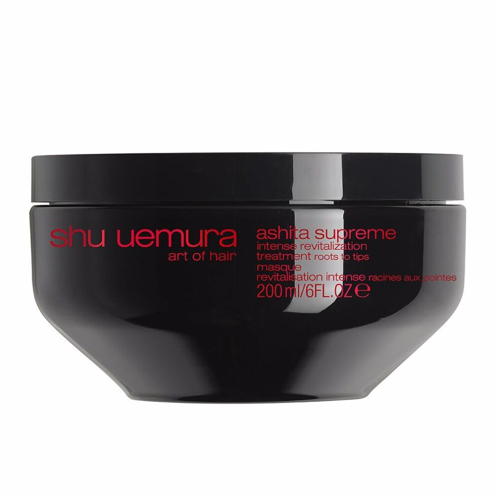 Vaso nero con testo rosso. Scritta: shu uemura, ashita supreme, intense revitalisation, treatment roots to tips, masque, 200ml/6FL.oz.e.