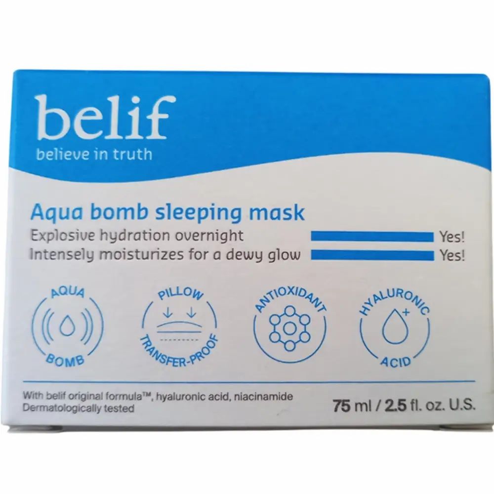 Confezione Belif Aqua Bomb Sleeping Mask. Scatola blu e bianca con informazioni sul prodotto e loghi.
