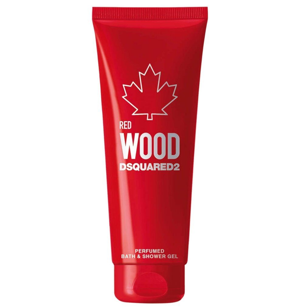Tubo rosso con logo e testo bianchi. Contiene "Red Wood" e "DSQUARED2". "Perfumed Bath & Shower Gel".