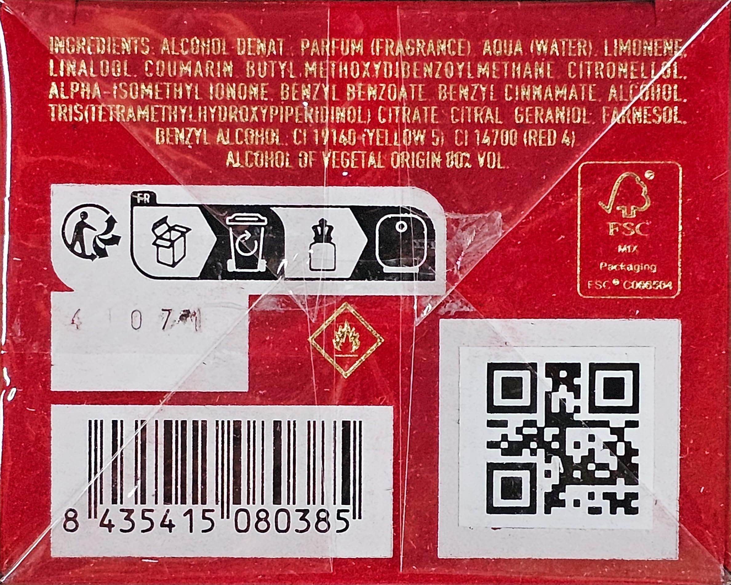 Retro della confezione rossa. Elenco ingredienti, simboli riciclo, codice a barre, QR code e logo FSC.