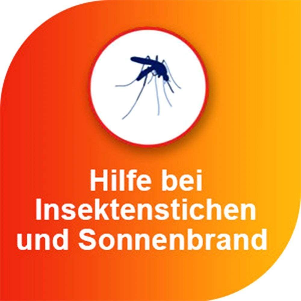 Sfondo arancione con testo bianco: Aiuto per punture d'insetti e scottature solari. Zanzara.