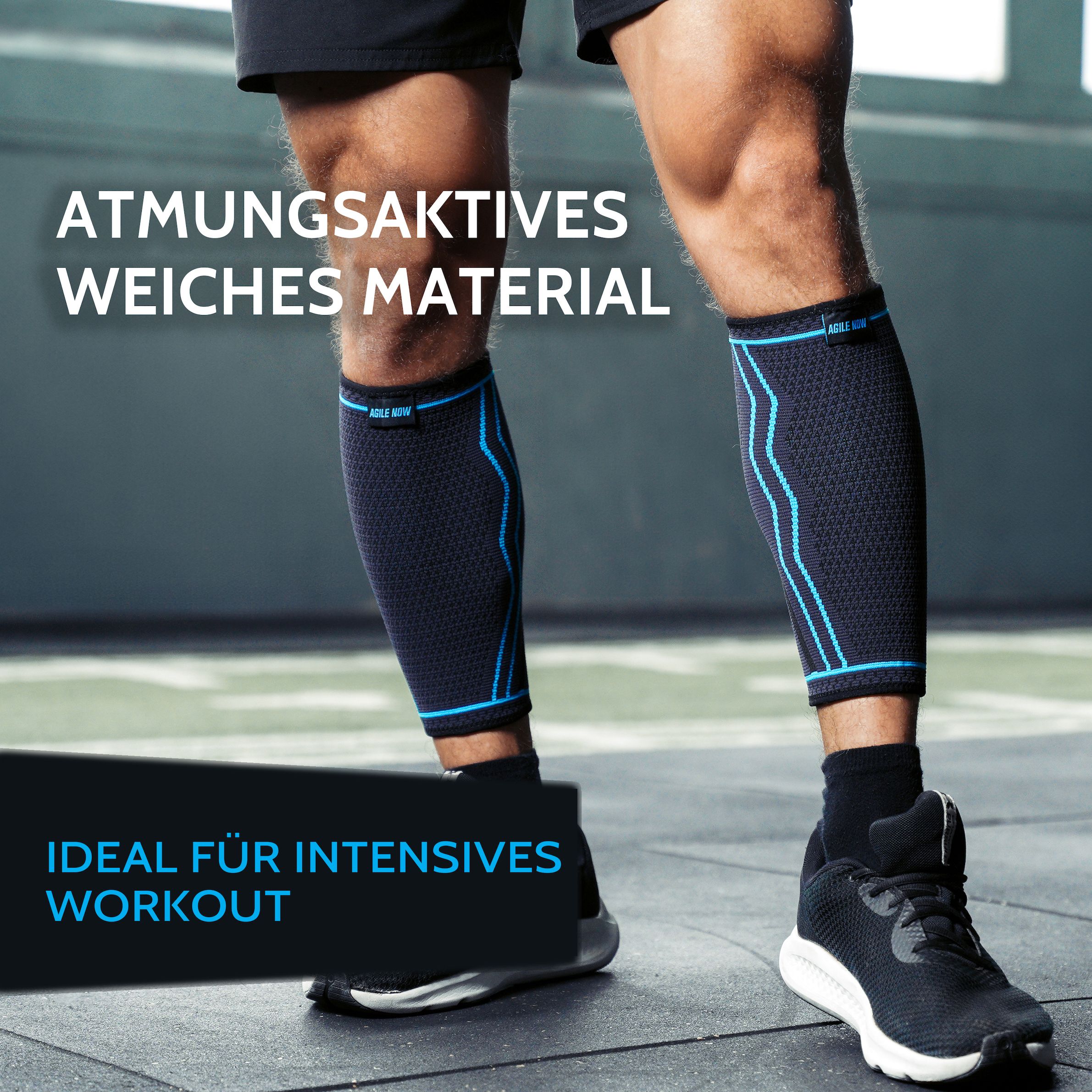 Due bendaggi per polpaccio neri con dettagli blu. Materiale traspirante e morbido. Ideale per allenamenti intensivi.