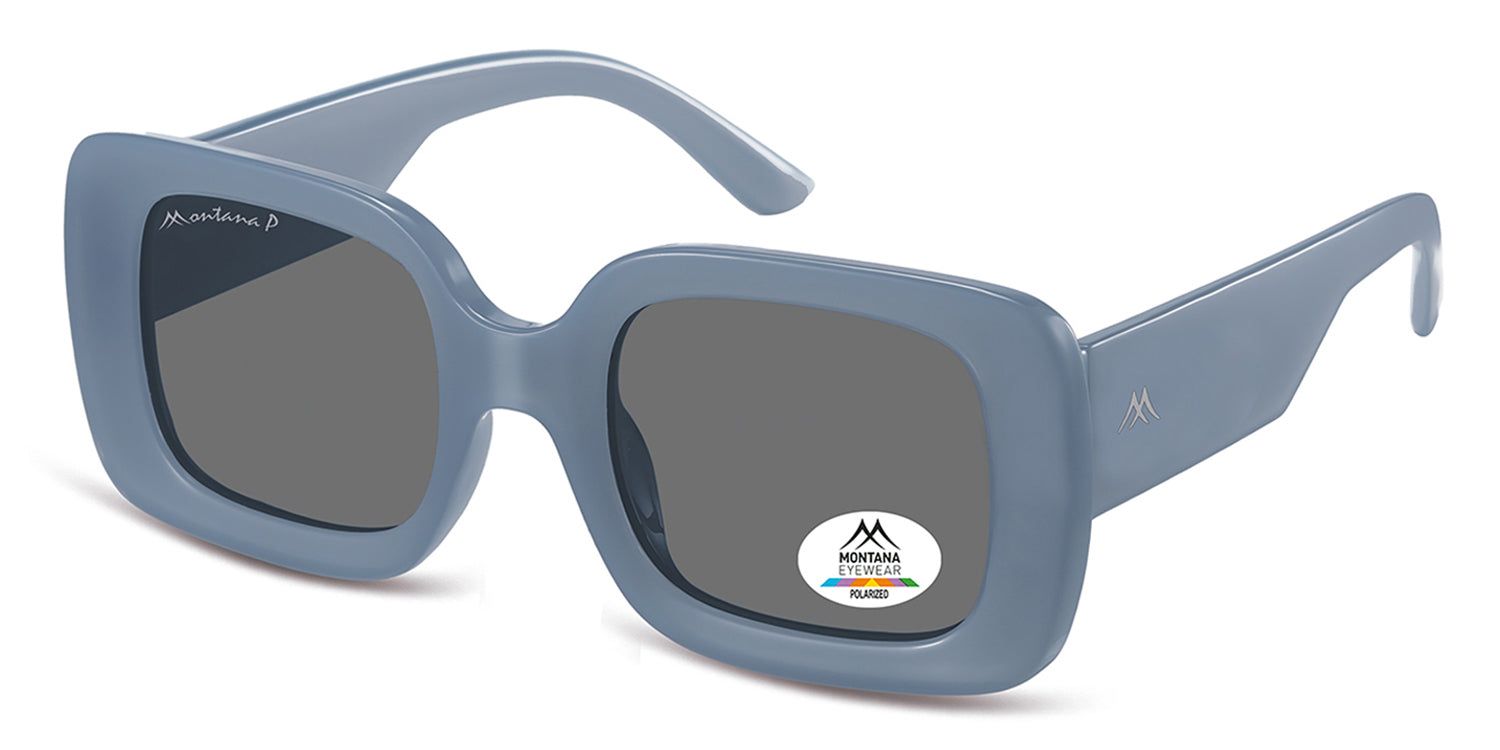 Occhiali da sole blu con lenti rettangolari. Logo Montana Eyewear. Adesivo di polarizzazione. Vista prospettica.