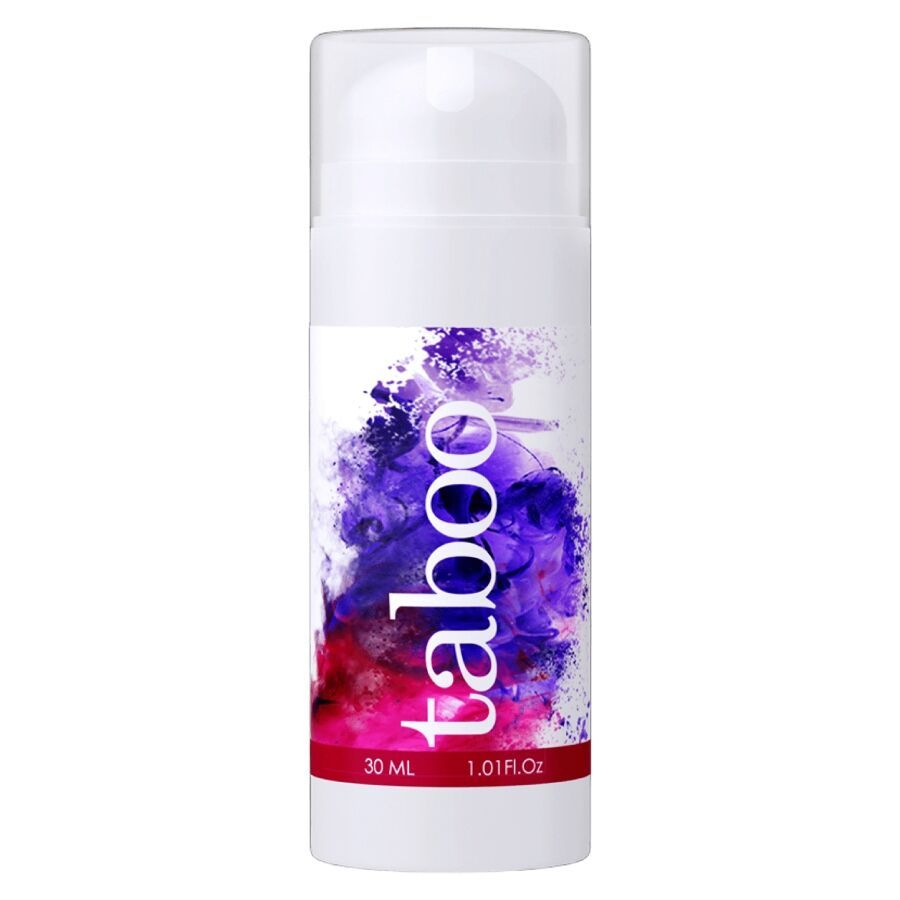 Flacone bianco "taboo Pleasure Gel" 30 ml. Macchia colorata viola-rosa sul flacone.