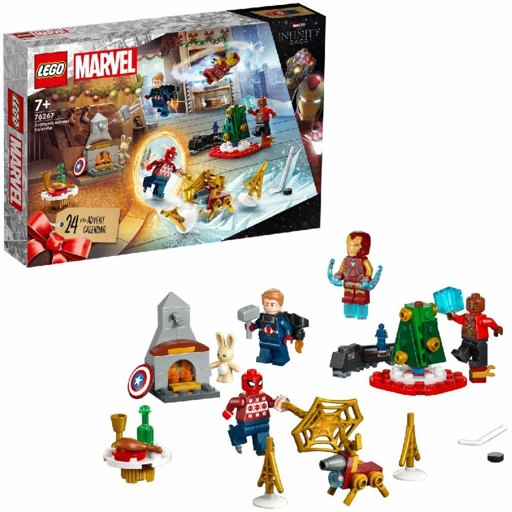 Calendario dell'Avvento LEGO Marvel con personaggi e scene. Include Iron Man, Spider-Man e Captain America. Elementi separati.