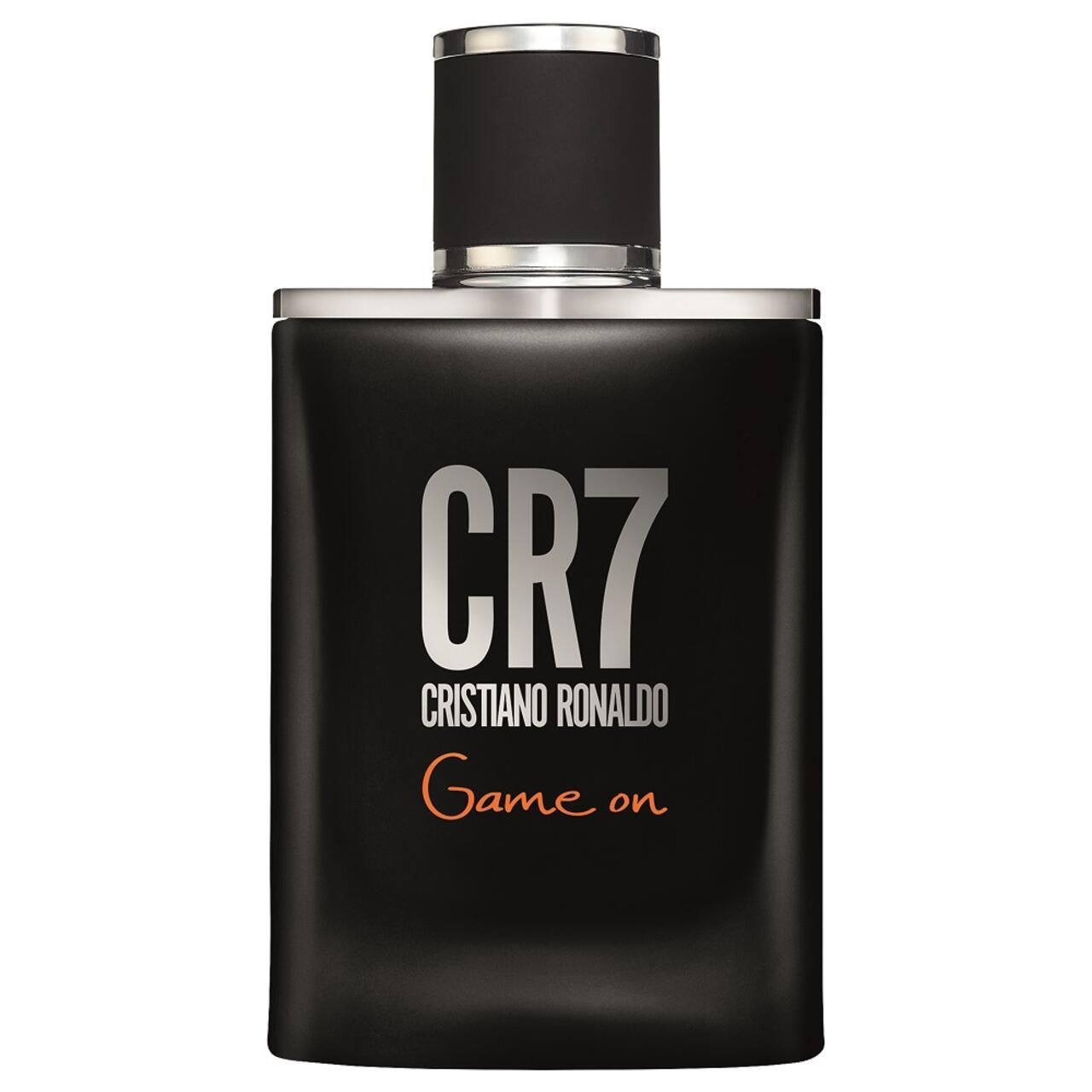 Flacone nero con tappo argentato. Scritta CR7, Cristiano Ronaldo, Game on.