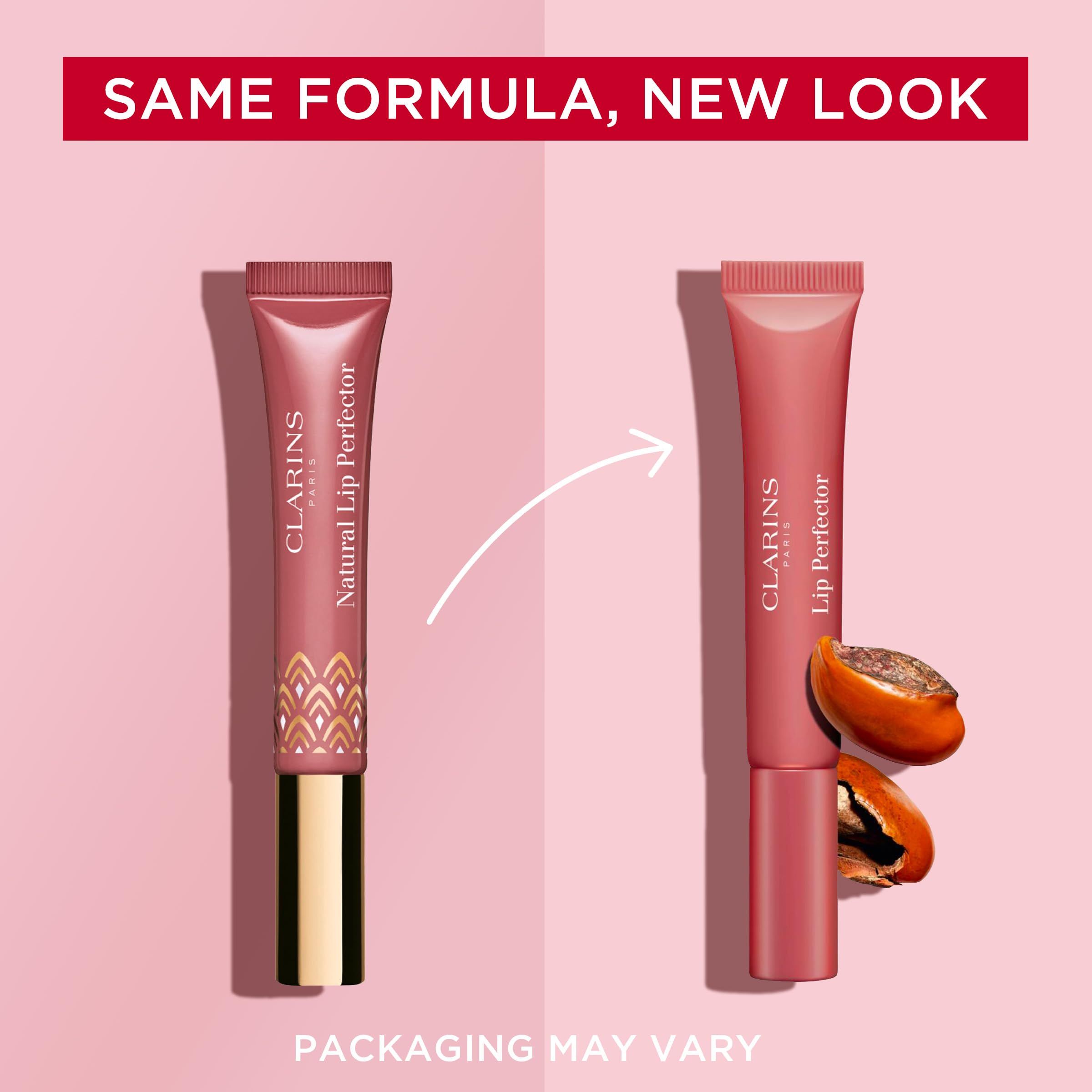 Due tubi di lucidalabbra affiancati. Scritta: Clarins Natural Lip Perfector. L'imballaggio può variare.