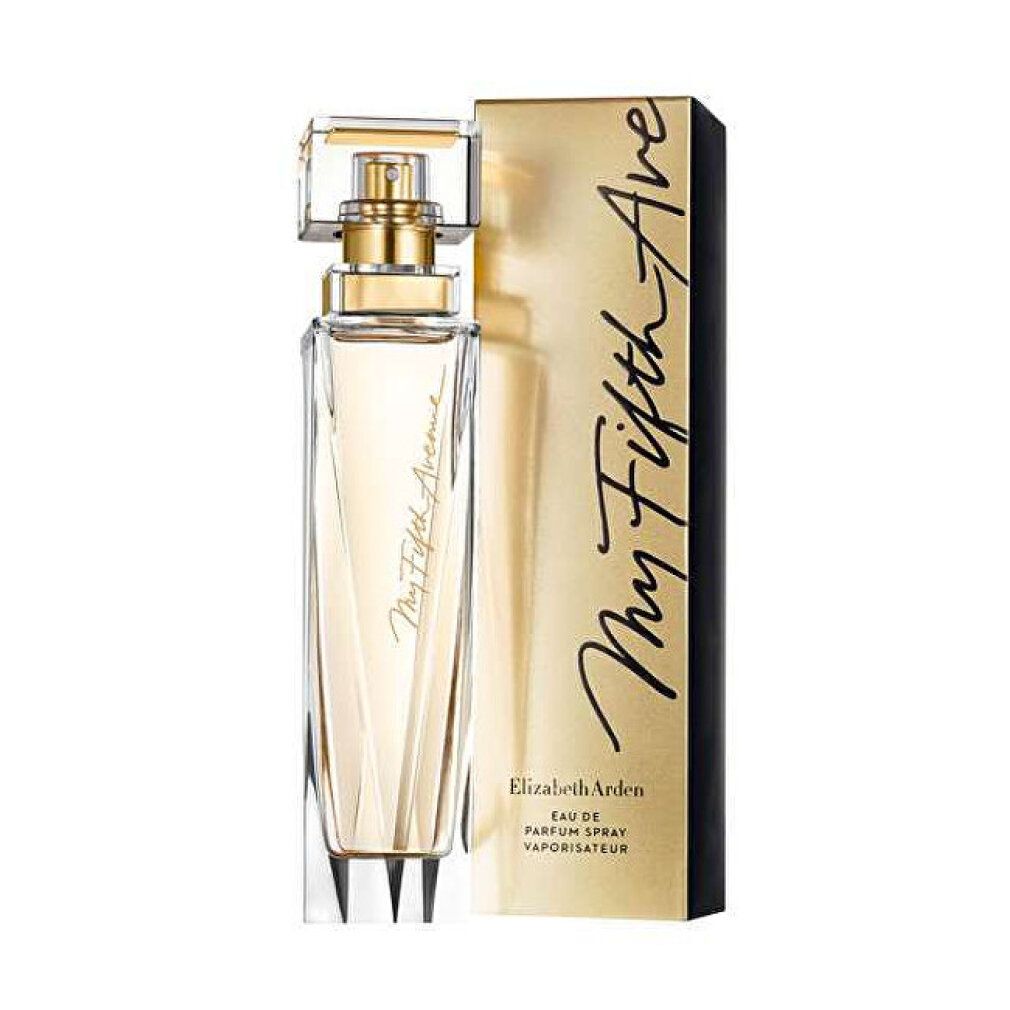 Flacone di Elizabeth Arden My 5th Avenue Eau de Parfum Spray con scatola dorata.