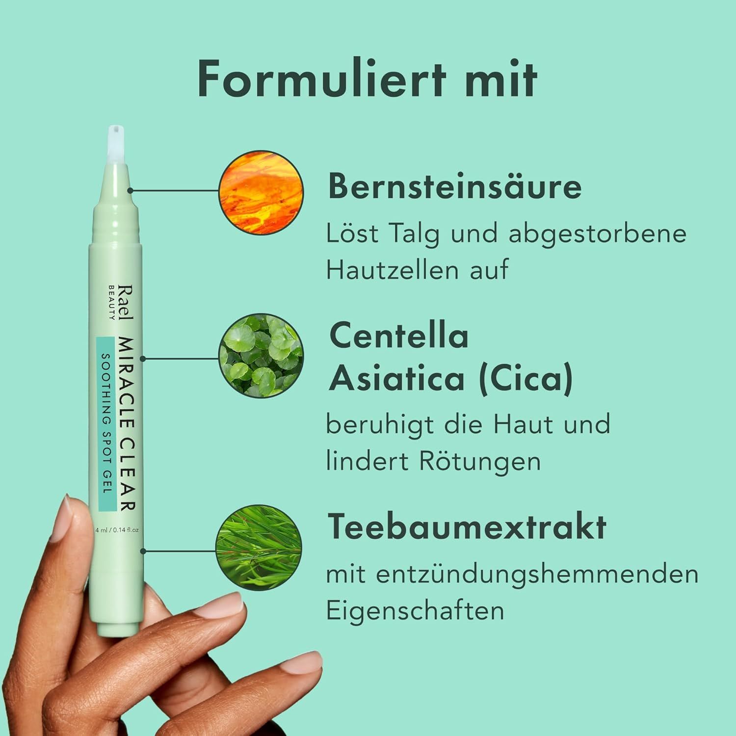 Penna verde con testo: Rael Miracle Clear Soothing Spot Gel. Ingredienti: Acido succinico, Centella Asiatica, Estratto di melaleuca.