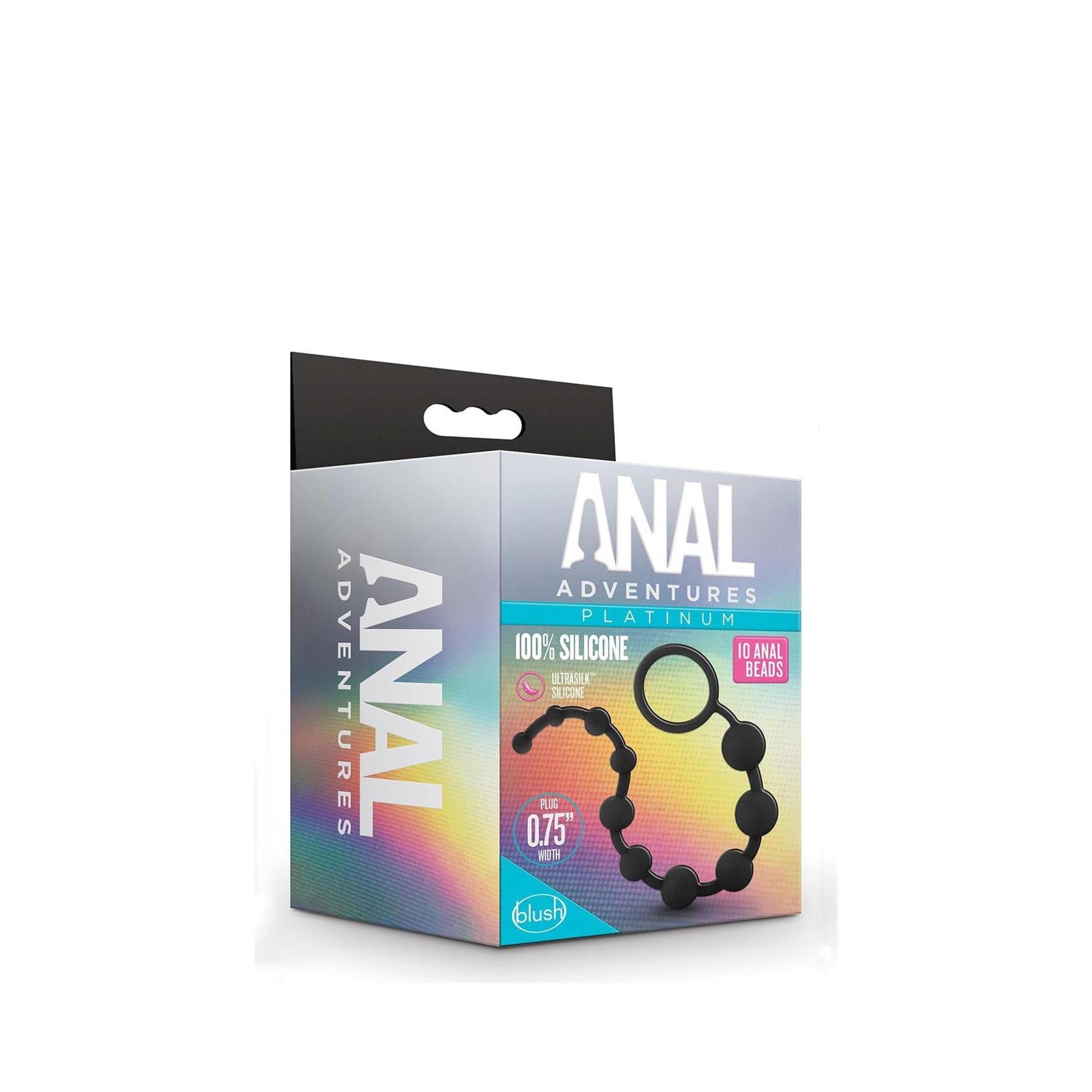 Confezione di perline anali nere. Scritta: ANAL ADVENTURES PLATINUM, 100% SILICONE, 10 ANAL BEADS. Marchio: blush.