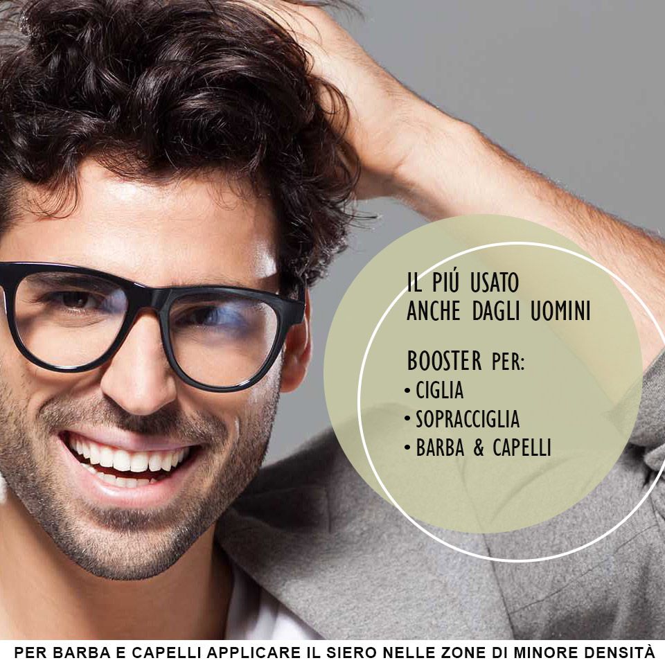 Uomo con occhiali. Testo: Il più usato anche dagli uomini. Booster per: Ciglia, Sopracciglia, Barba & Capelli.