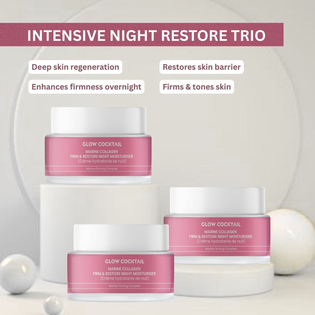 Tre vasetti su piedistalli. Scritta: Glow Cocktail, Marine Collagen, Firm & Restore Night Moisturiser. Testo: Intensive Night Restore Trio.