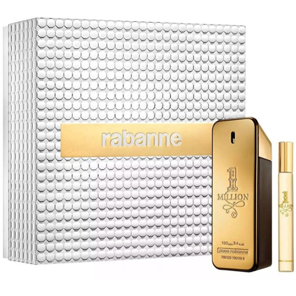 Confezione regalo con flacone e miniatura. Scritta: Rabanne, 1 Million. Confezione con motivo argentato.