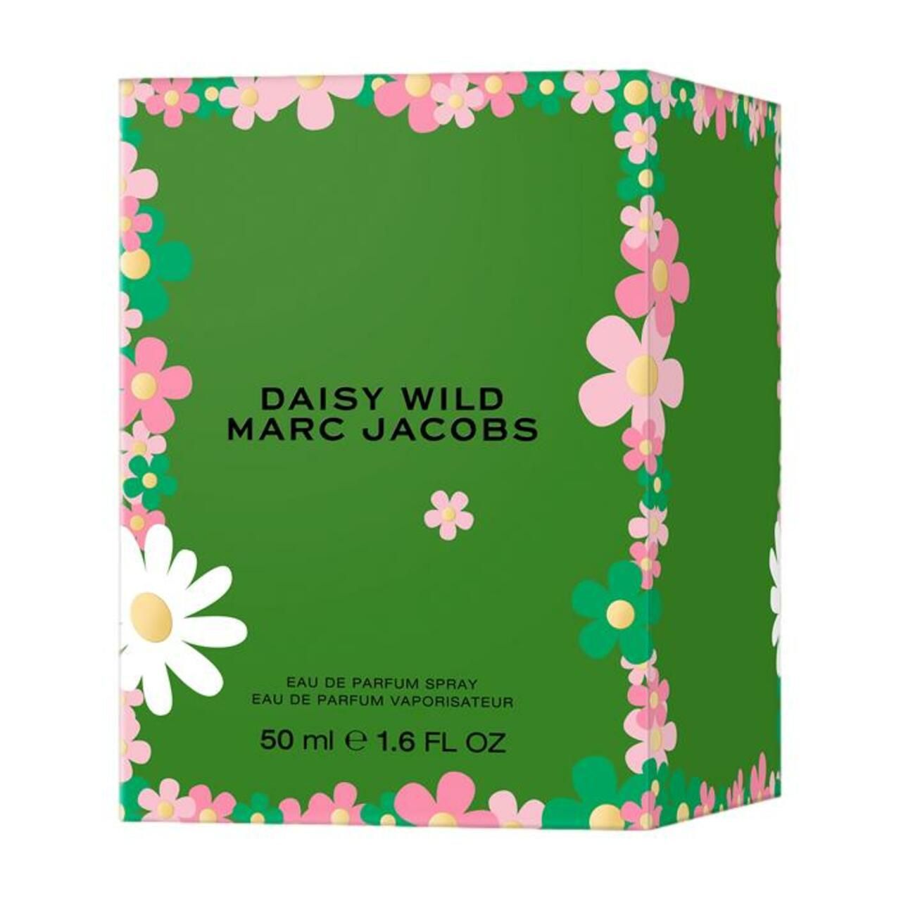 Confezione verde con motivo floreale. Scritta: Daisy Wild Marc Jacobs. Testo: Eau de Parfum Spray.