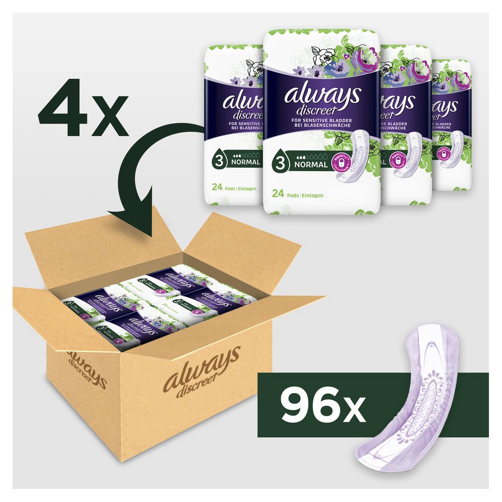Always Discreet Normal, 96 pezzi. Scatola con 4 confezioni. Immagine e informazioni.