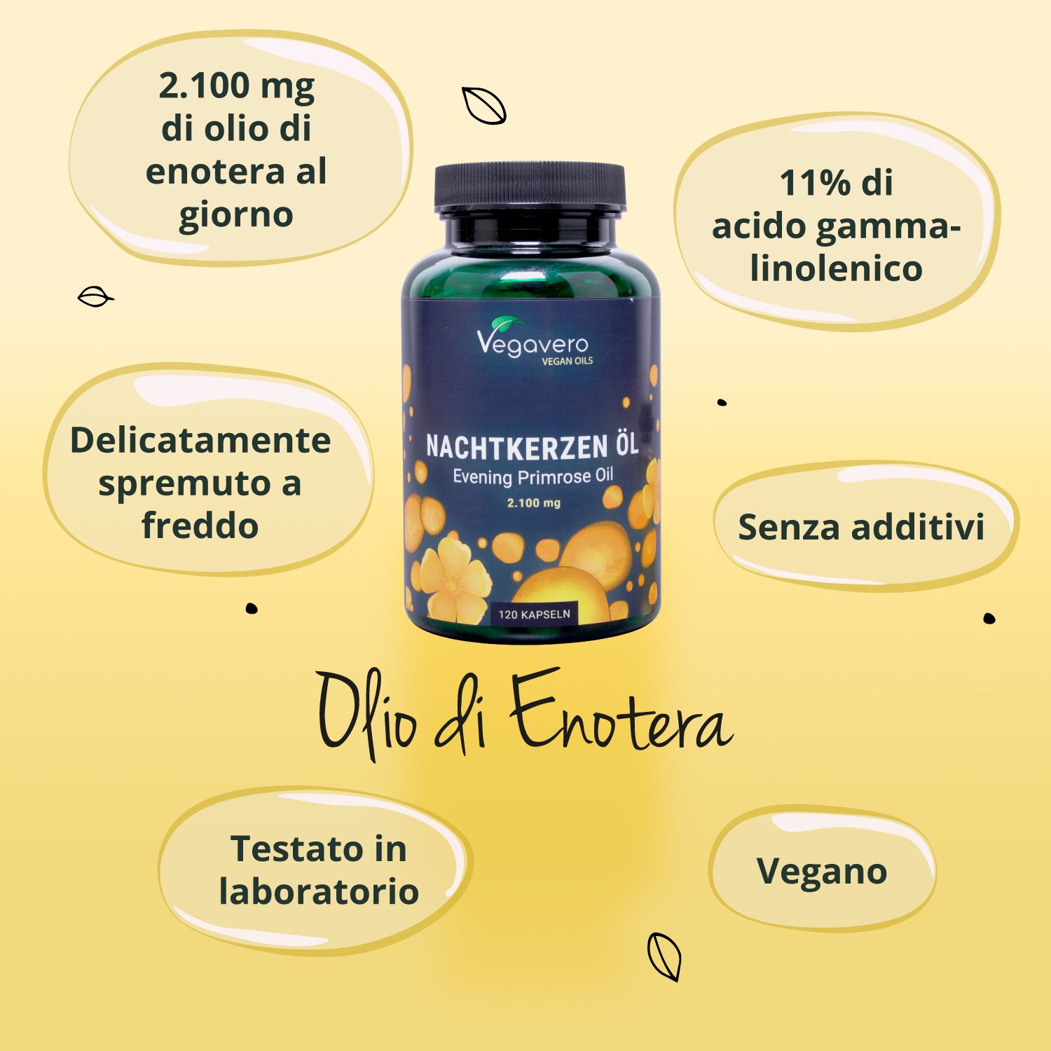 Flacone verde Nachtkerzen Öl, sfondo giallo, testo: 2.100 mg, 11% acido gamma-linolenico, senza additivi, vegano.