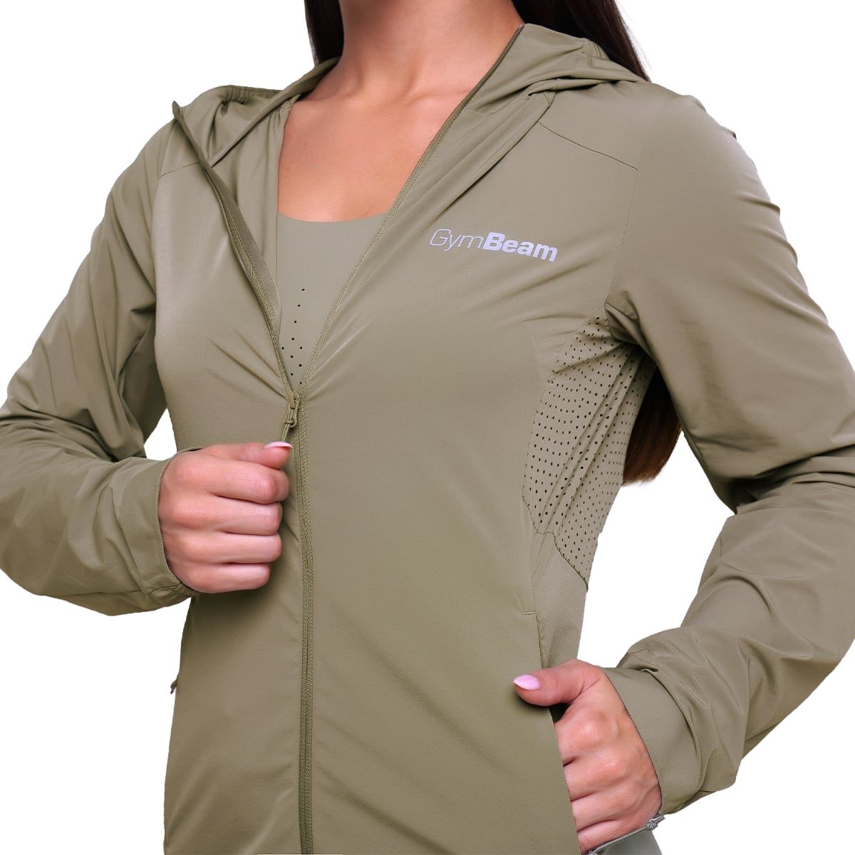 GymBeam Giacca Pulse Running donna slim con zip cappuccio Vetiver