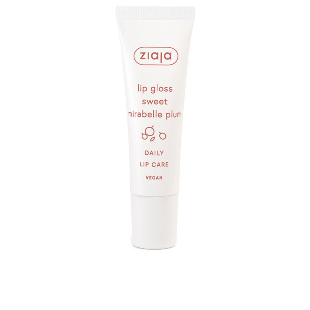 Tubo bianco di lucidalabbra Ziaja. Scritta: Sweet Mirabelle Plum, Daily Lip Care, Vegan. Immagine del prodotto.